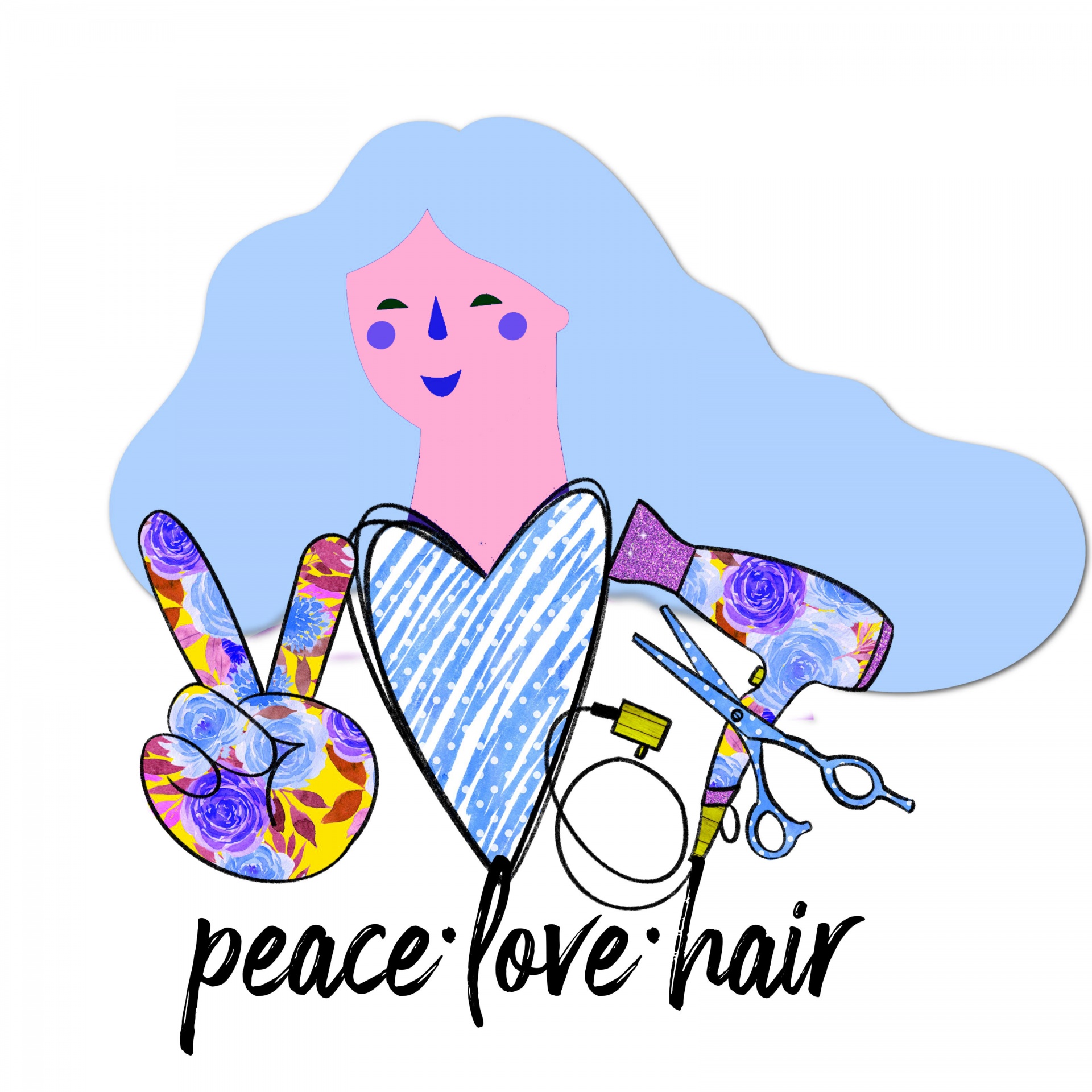 colorful fun poster of a girl with big hair and fingers giving the peace sign, a heart and a hair dryer