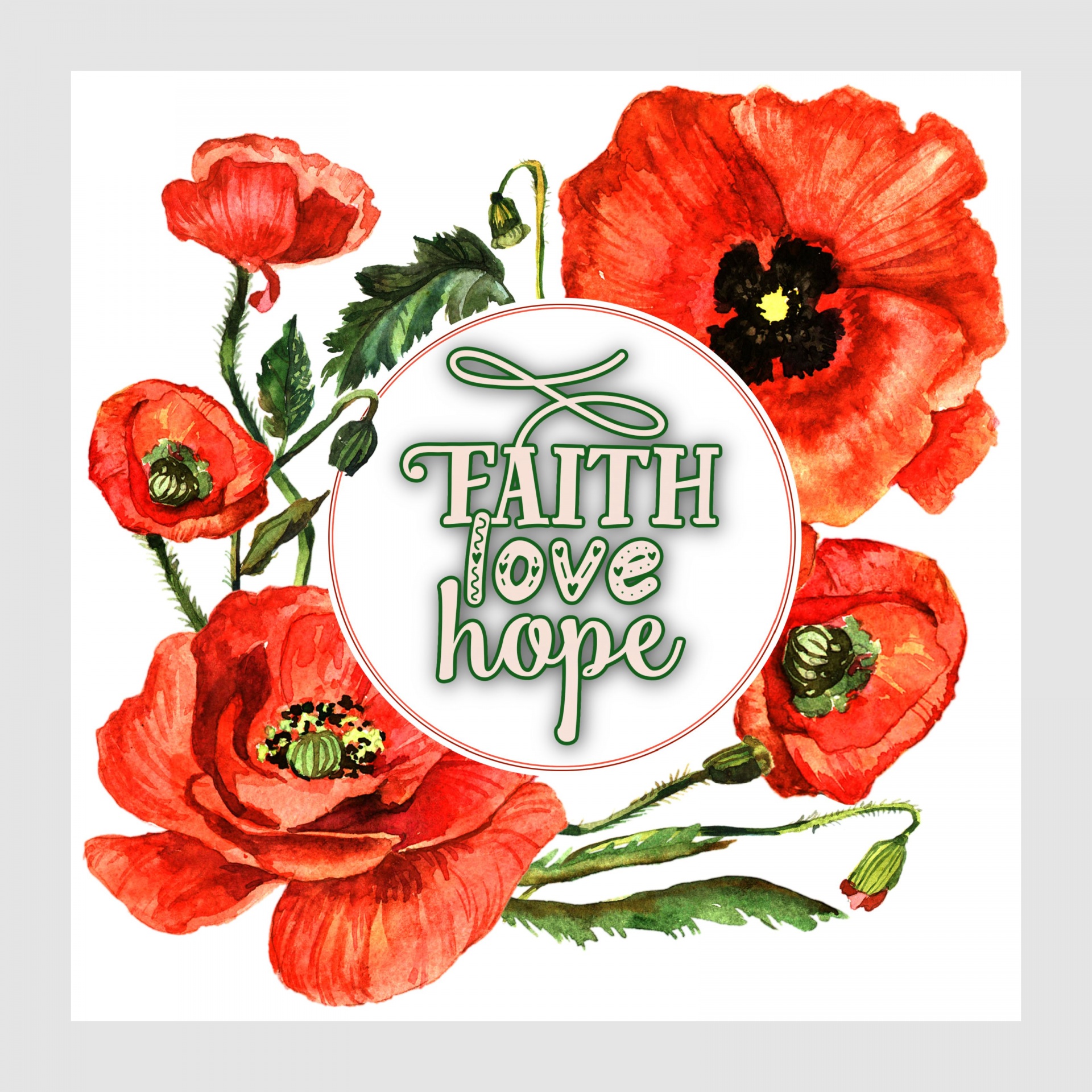 watercolor red floral wreath frame words Faith, Love, Hope