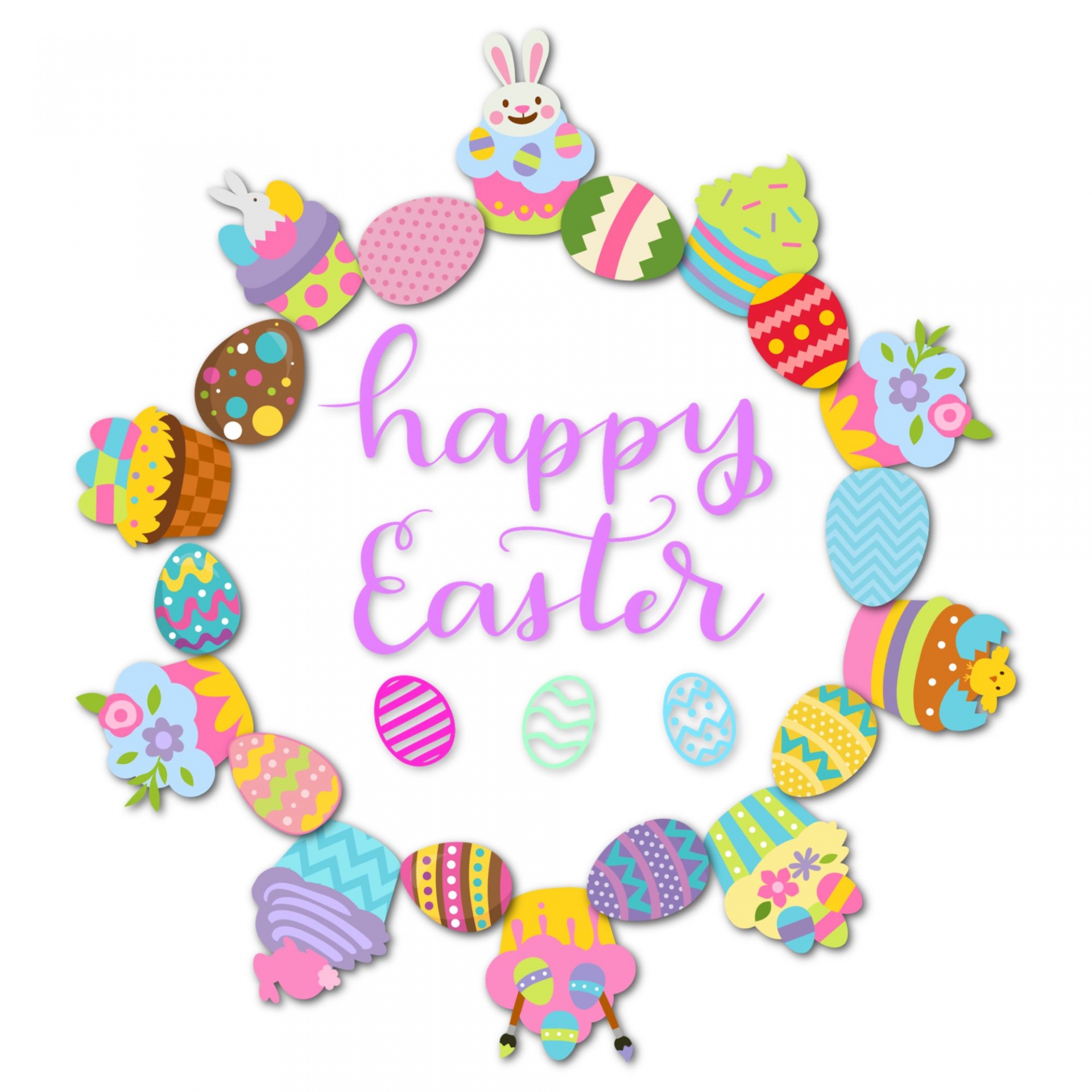 colorful wreath of cupcakes and decorated easter eggs with greeting in the center