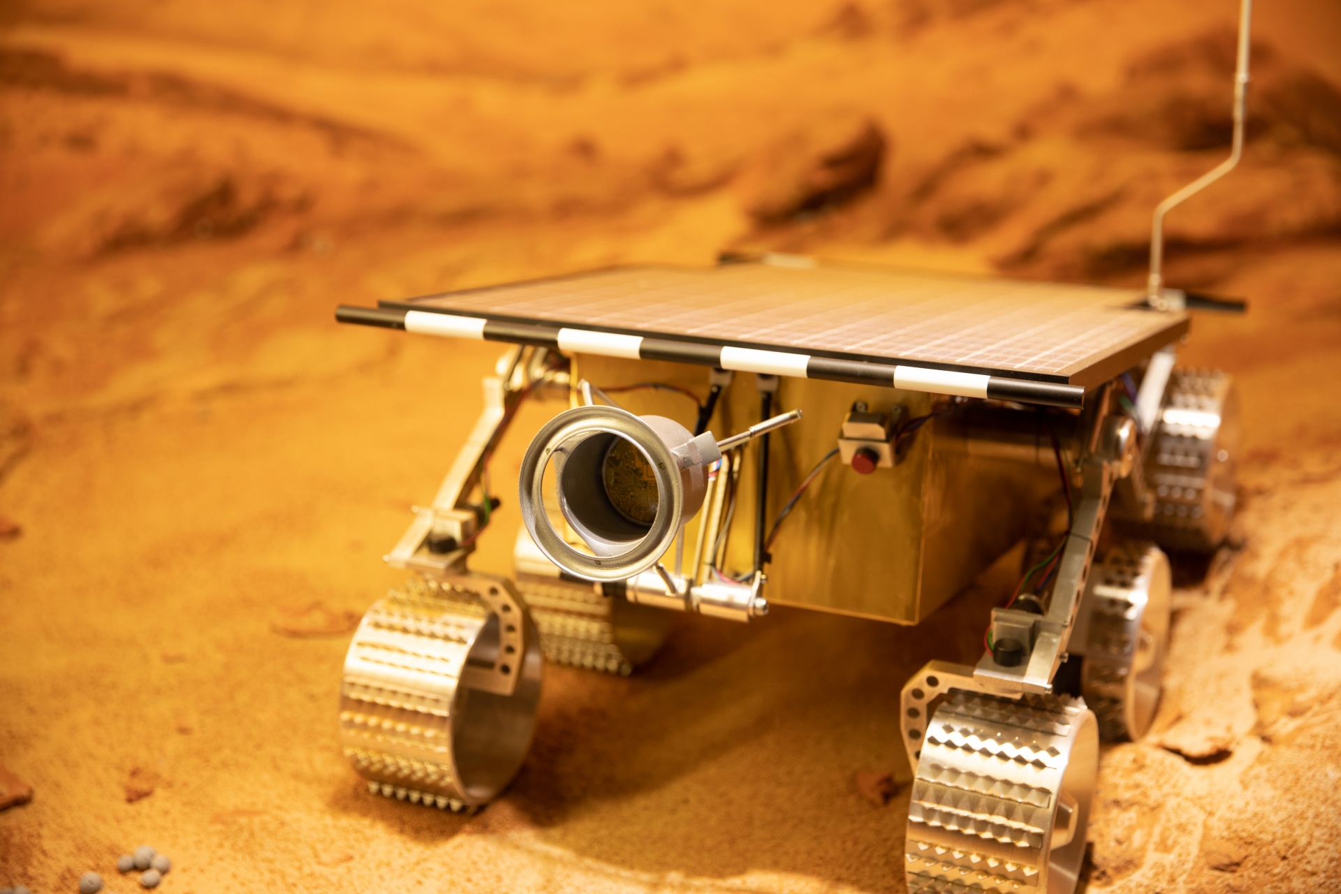 Small Mars rover with a solar panel on the top