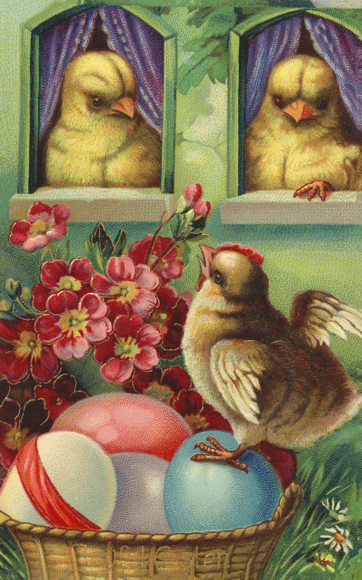 Easter vintage postcard old colorful hand painted picture restored on the computer