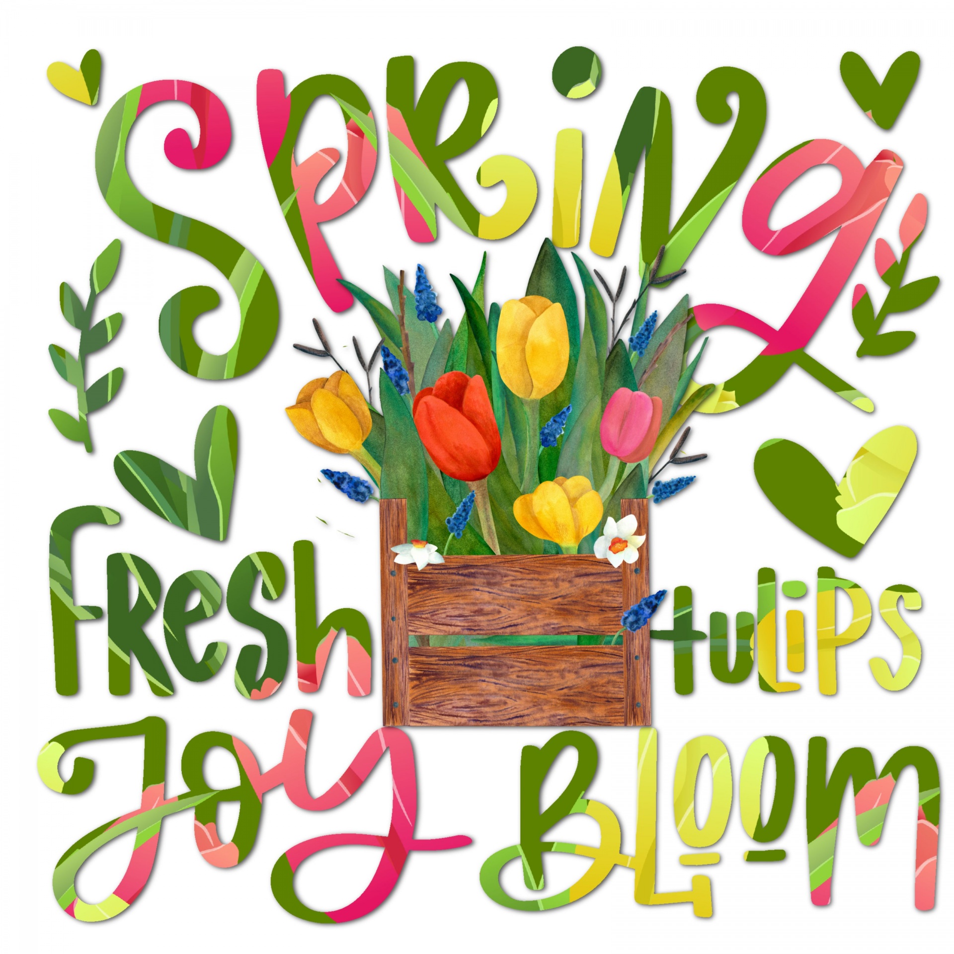 poser of watercolor tulips and tulip-filled word art about Spring