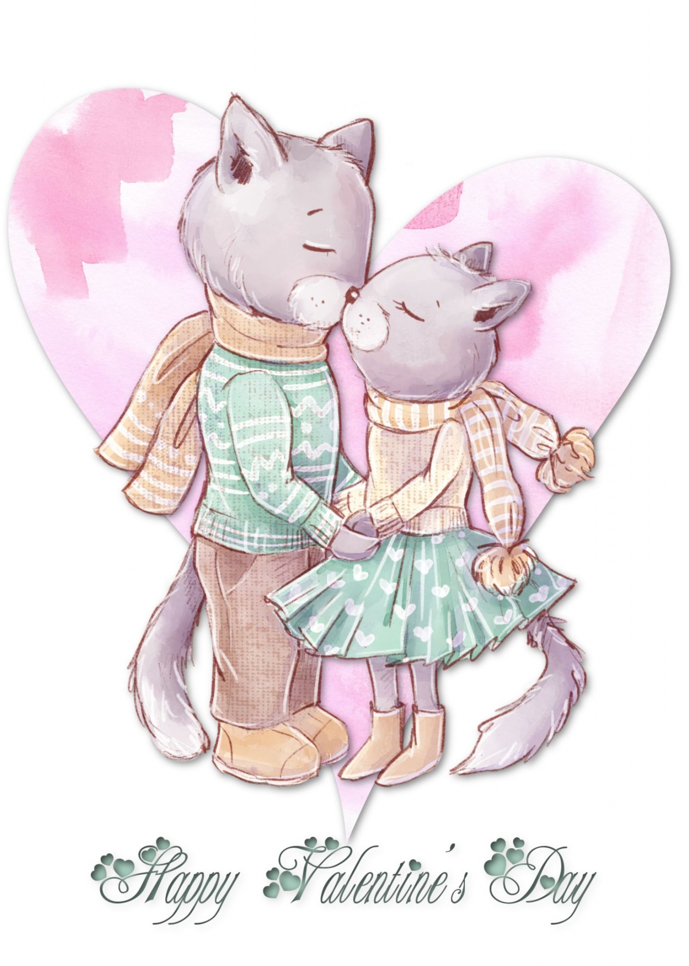 watercolor illustration of boy and girl cats in human clothing very much in love