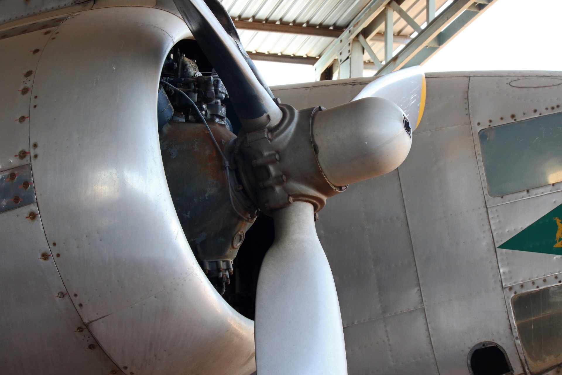 close view of propeller of vintage aircraft on display