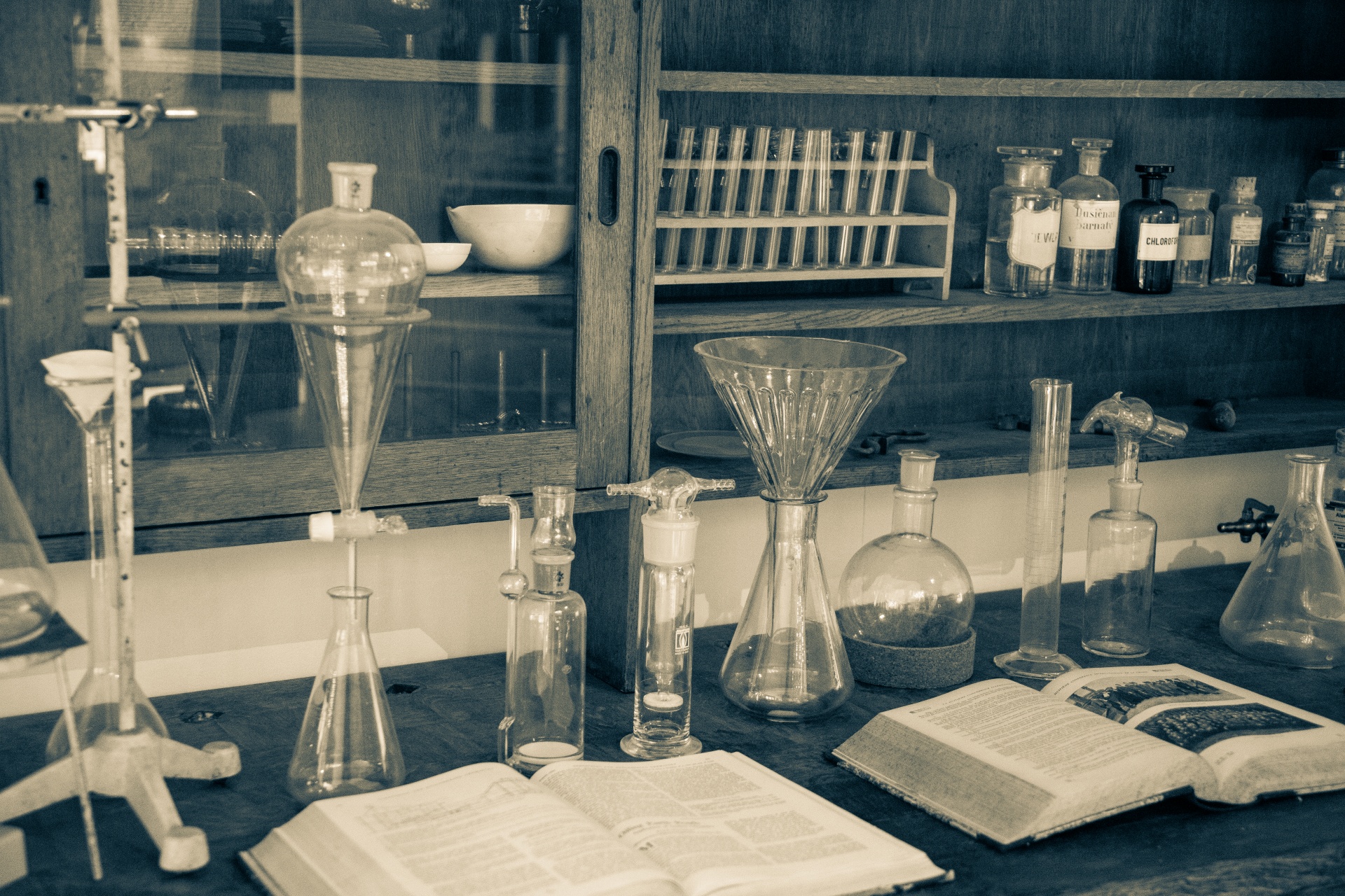 Vintage laboratory equipment and books