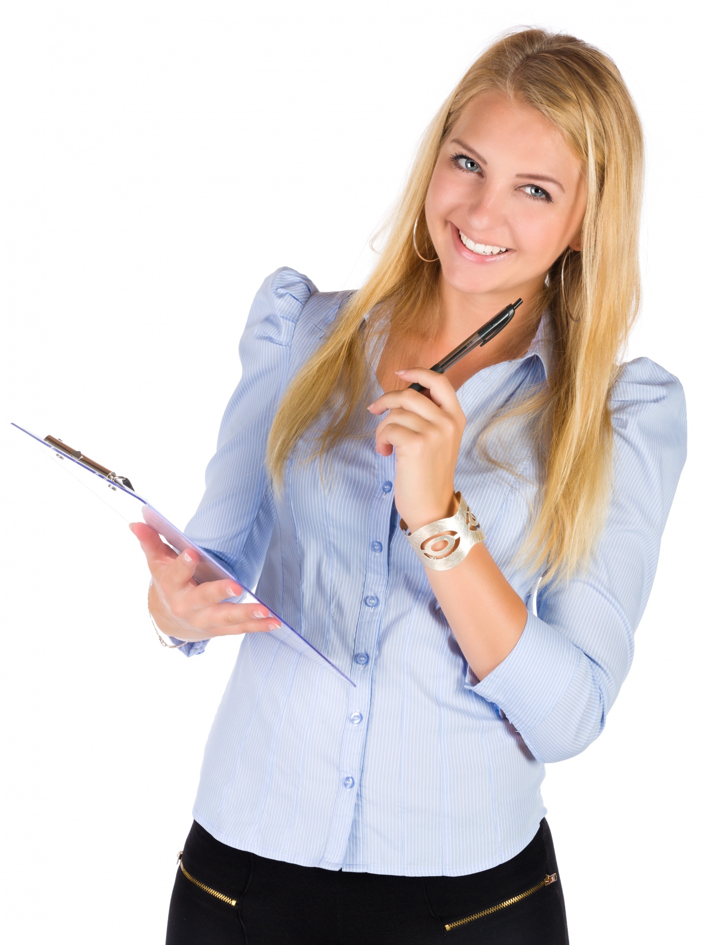 Young woman with a blank clipboard and a pen isolated on white background