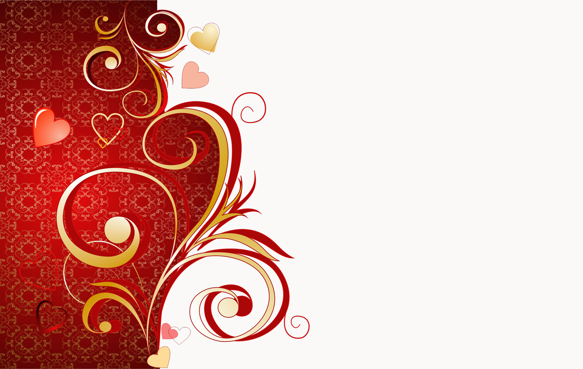 red abstract background with hearts, glitter and gold lines.
