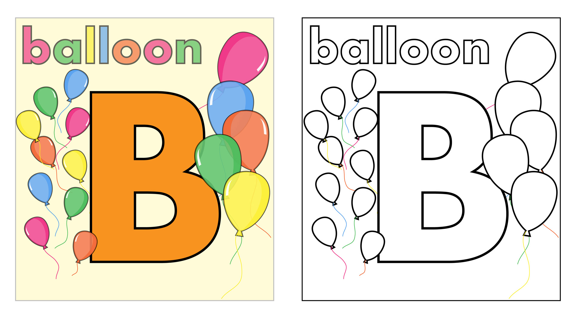 Alphabet letter b colorful balloons coloring book page