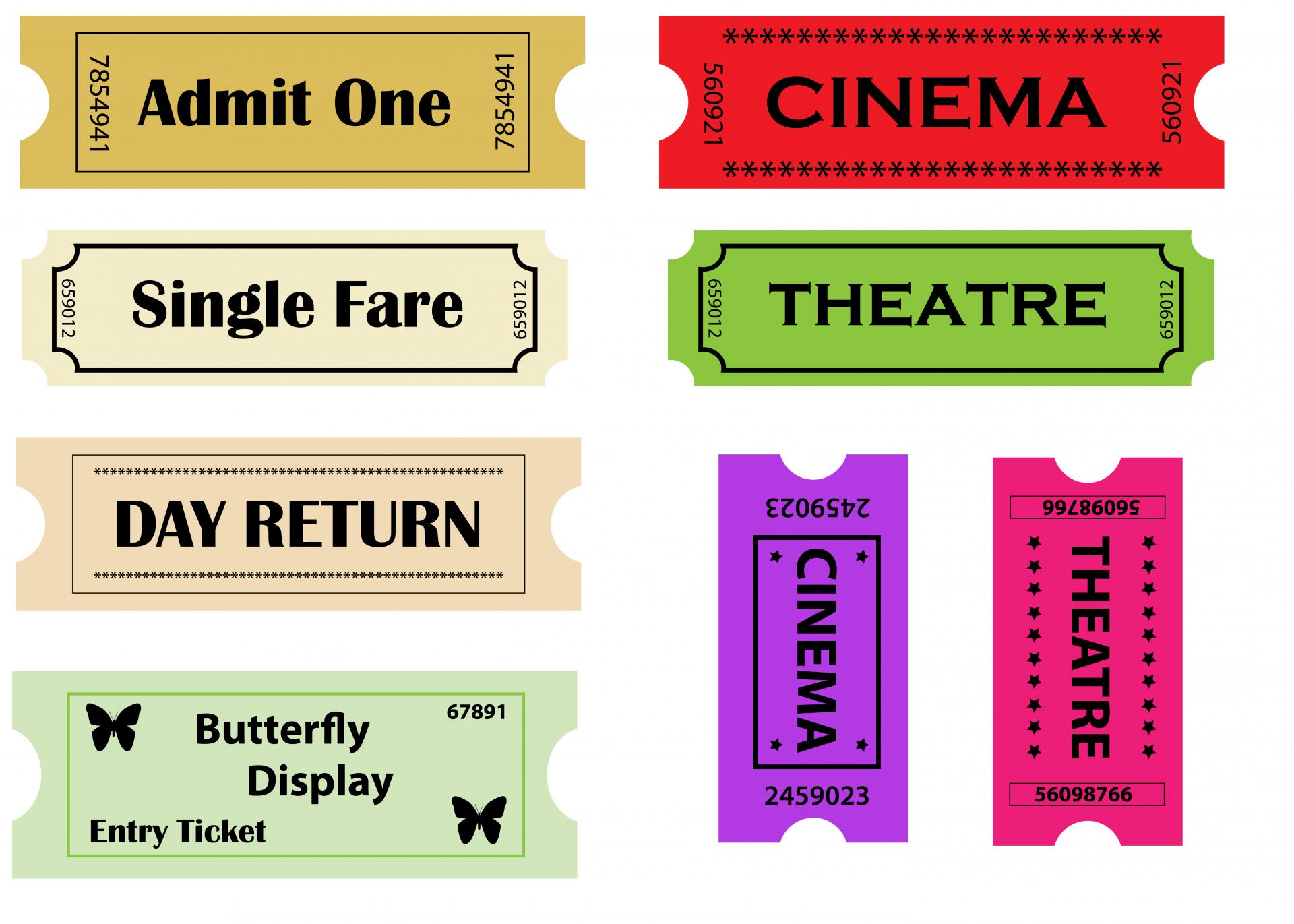 Entry tickets for cinema, theatre, clipart for scrapbooking