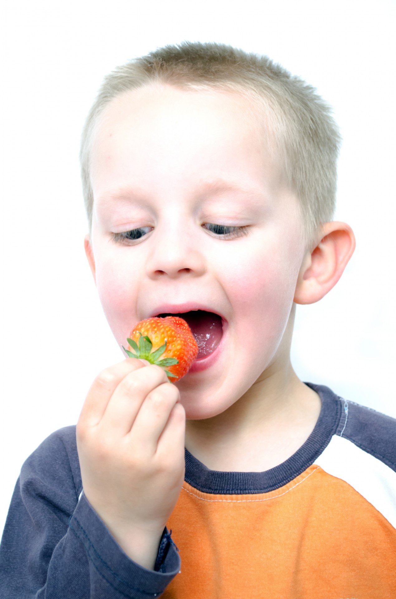 Happy Little Boy Eats Strawberries
