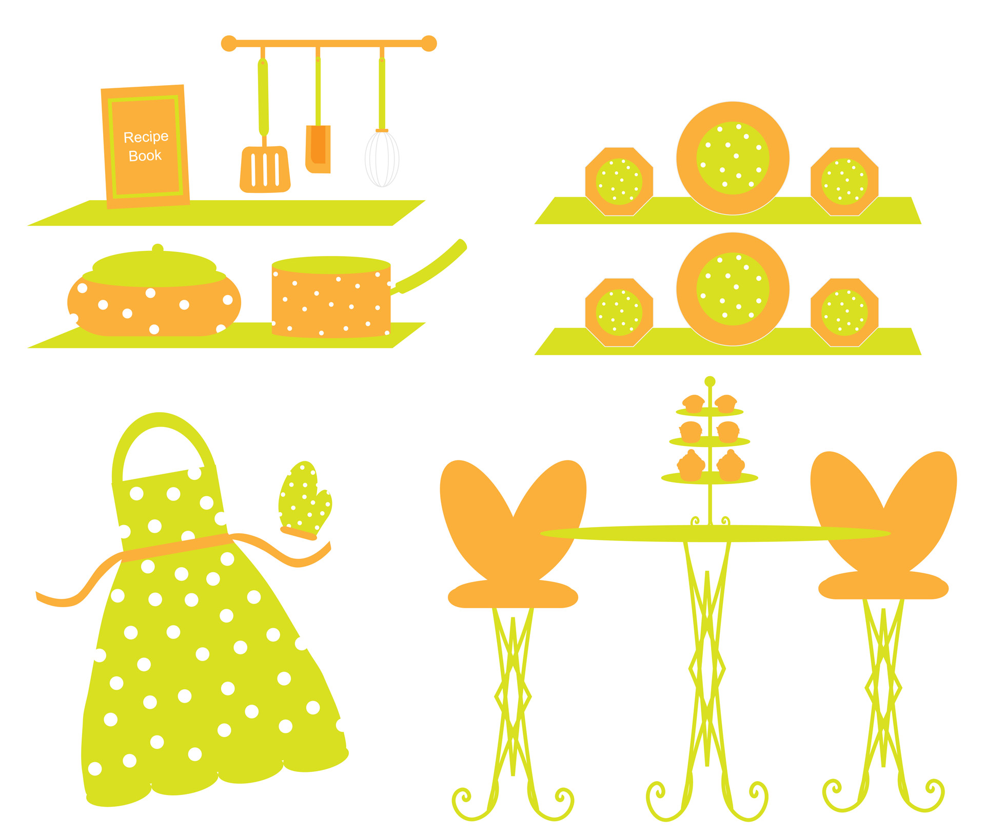 orange and green pretty kitchen items illustration