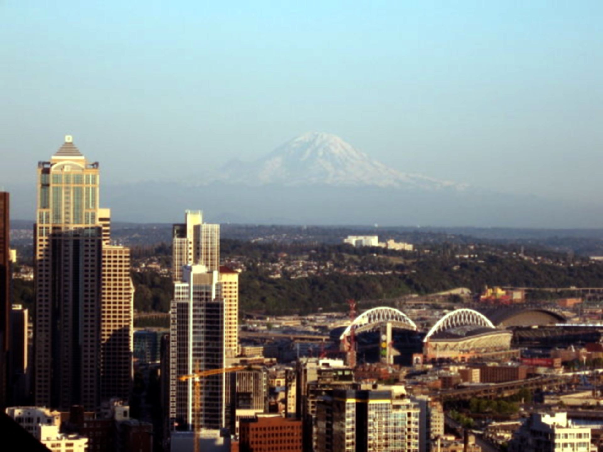 Buildings viewed from Space Needle with Mount Rainier in the background.