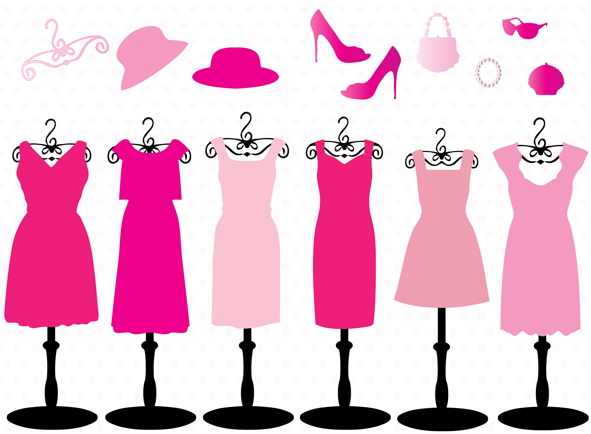 Pretty pink dresses, hats, shoes, illustration,