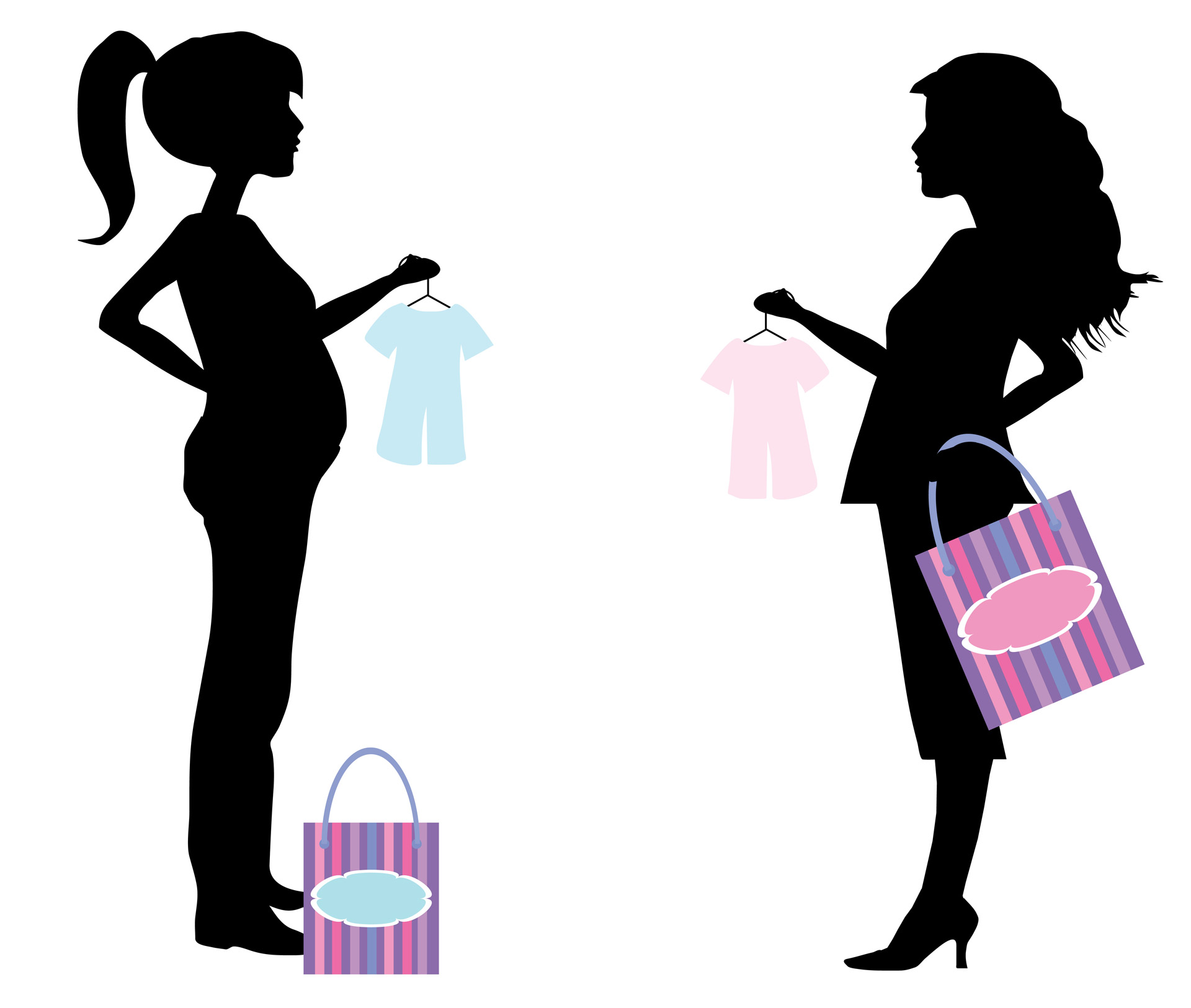 Silhouette of two pregnant woman shopping for baby clothes
