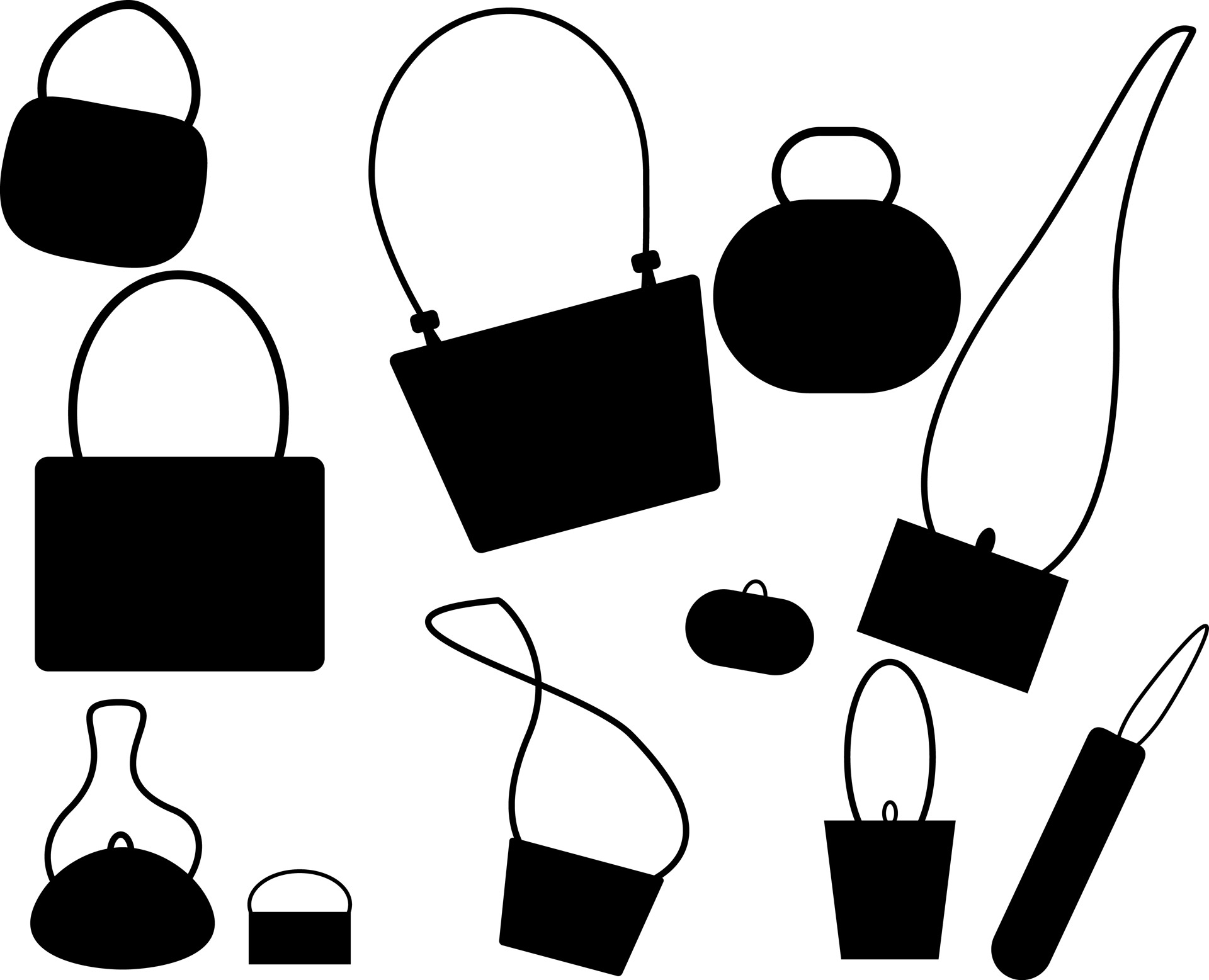 black silhouette of purses, bags and handbags