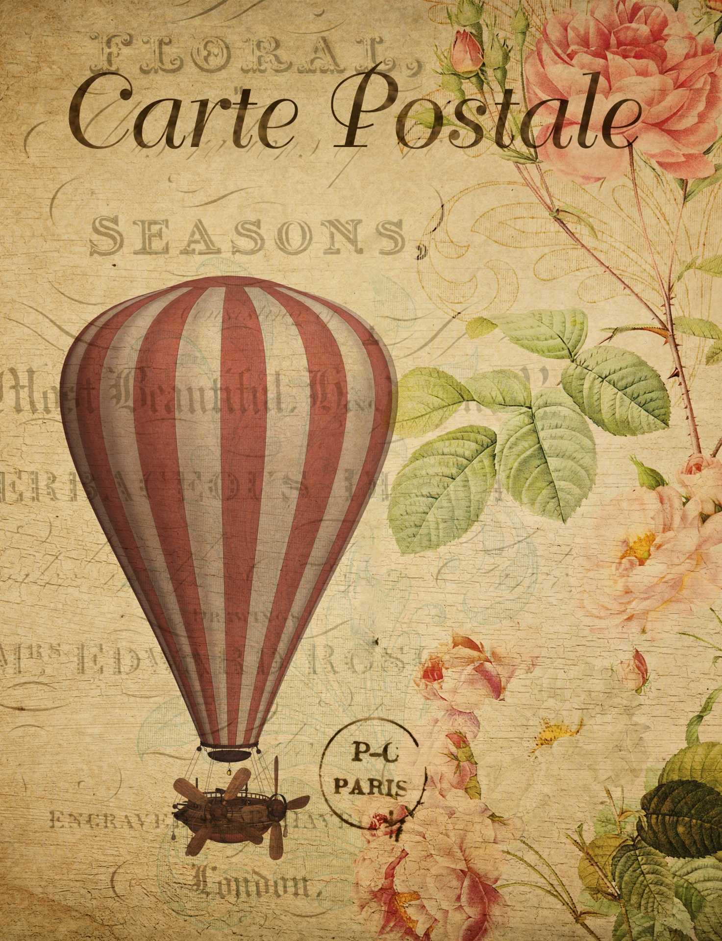 Vintage french floral postcard with antique hot air ballon, flying machine
