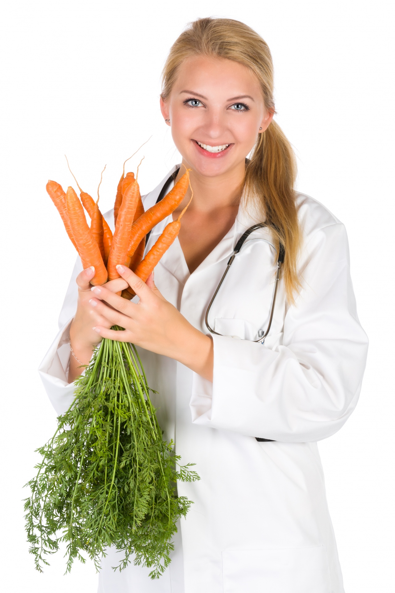 Young female eye doctor holding a bunch of carrots isolated on white background