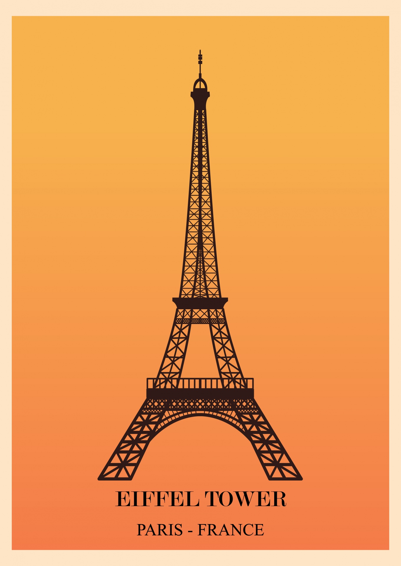 Retro, vintage style yet modern and fresh landmark travel poster for Paris, France, with eiffel tower orange sunset background