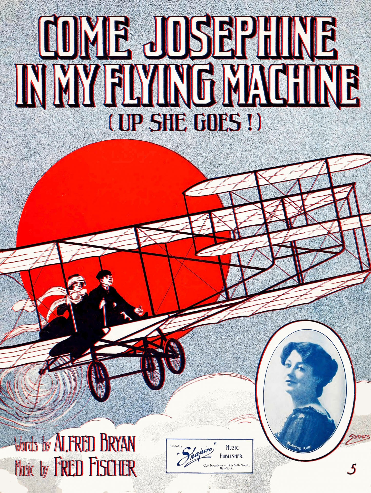 This 1910 vintage sheet music cover features a man and woman in a biplane with an inset portrait photograph of Blanche Ring, an early American vaudeville star, singer and Broadway actress.
