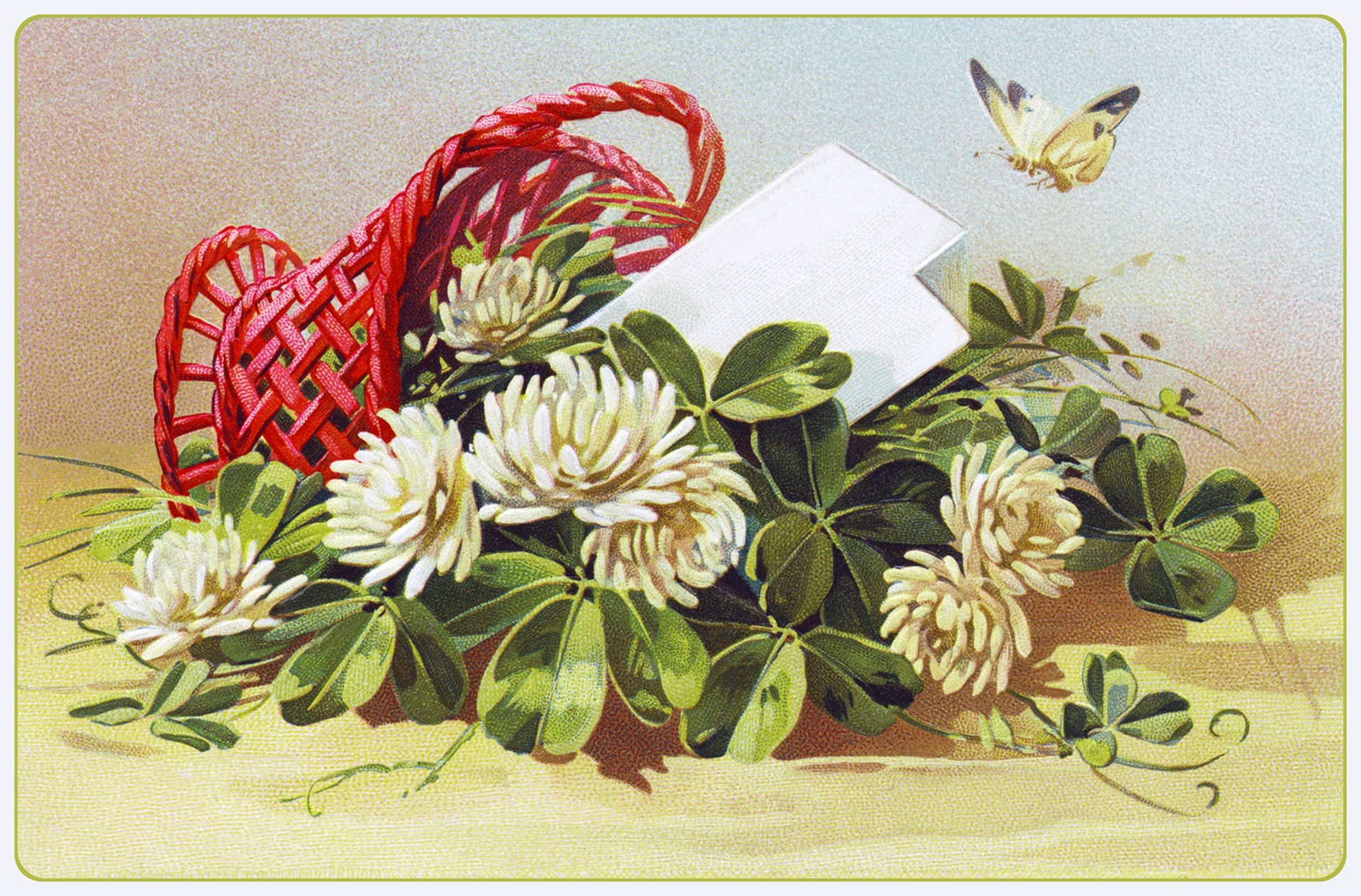 Birthday vintage postcard old flowers in basket painting picture restored
