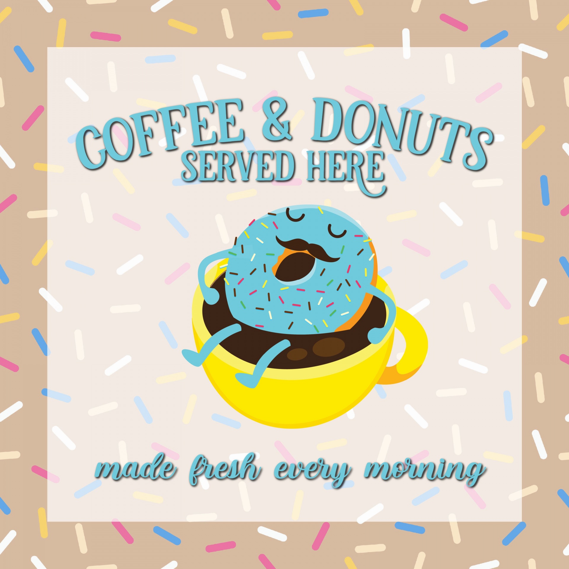 cartoon cute donut floating in a cup of coffee on coffee candy sprinkles background