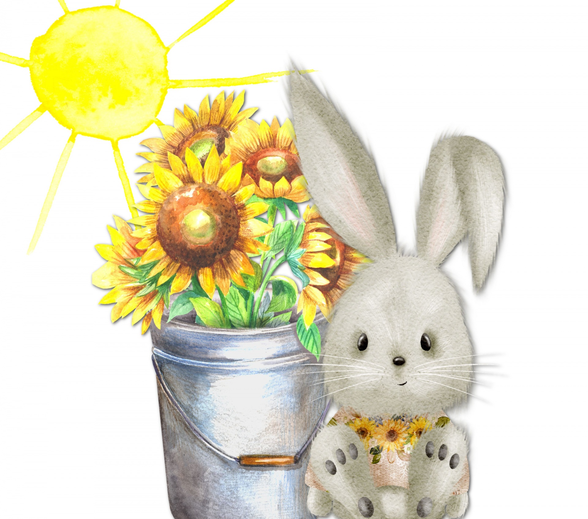 cute watercolor cartoon rabbit wearing a shirt with sunflowers on it. Next to a bucket of flowers and a bright sun