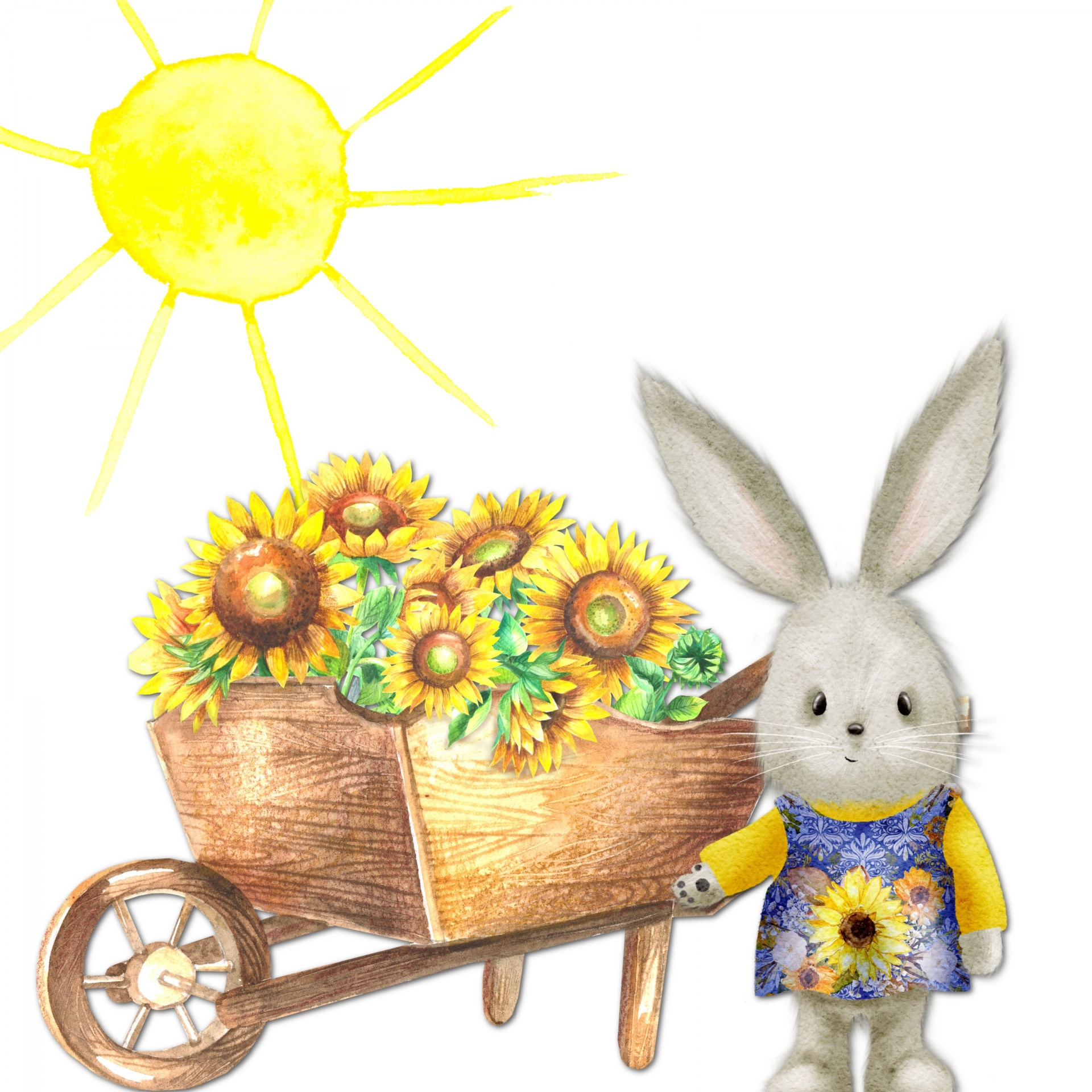cute watercolor cartoon rabbit wearing a shift with a sunflower on it. Next to a cart of flowers and a bright sun