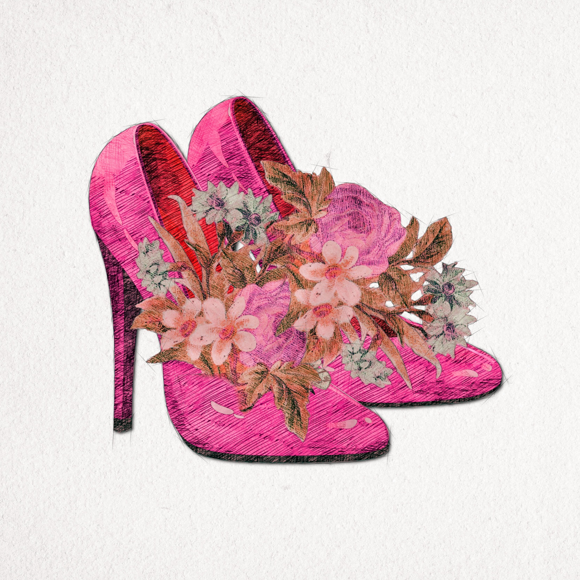 pair of high heel retro shoes with butterfly buttons filled with flowers