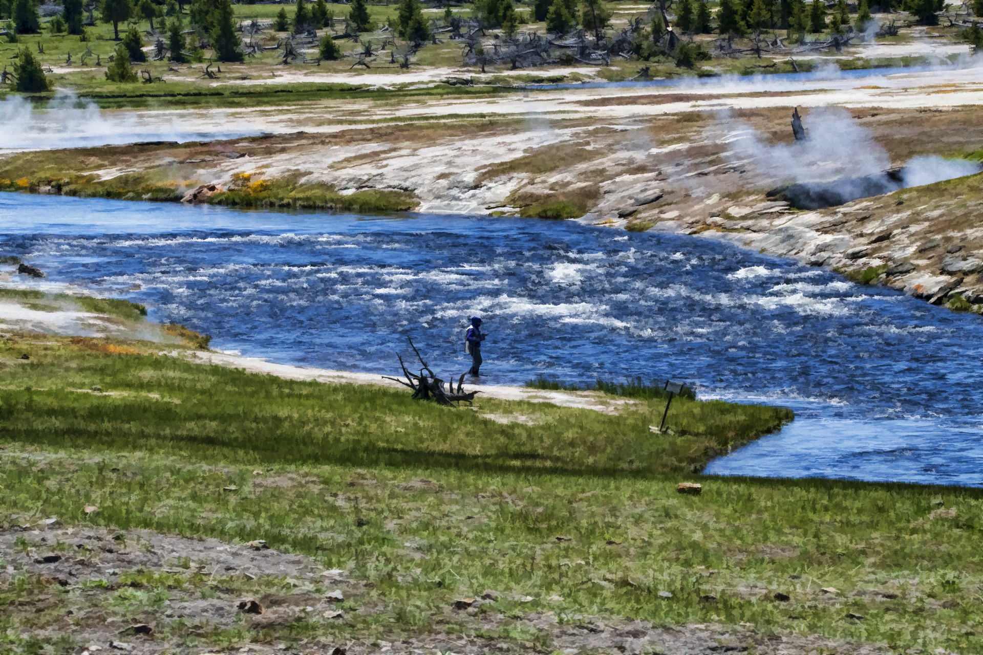 artistic rendering of silhouetted man fishing a river in Yellowstone National Park
