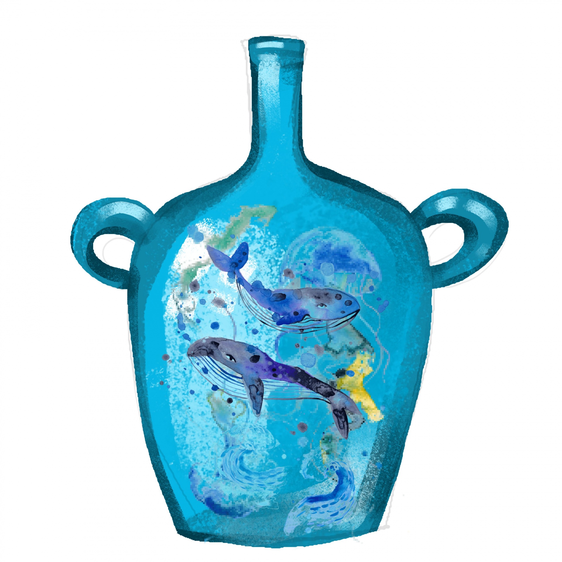 watercolor illustration of a bottle filled with whales