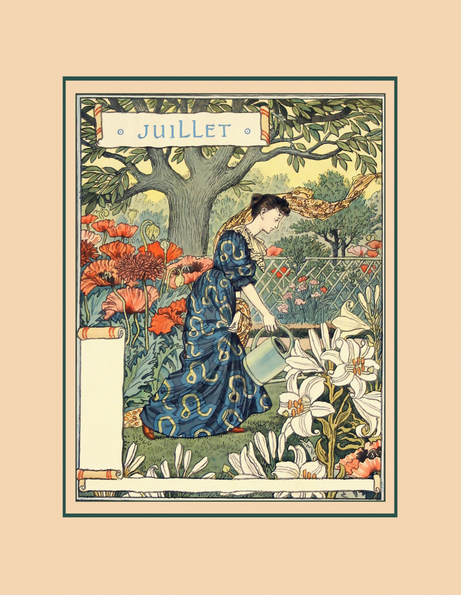 Antique garden calendar print for July 1896 with woman gardener and blank scroll for your copy