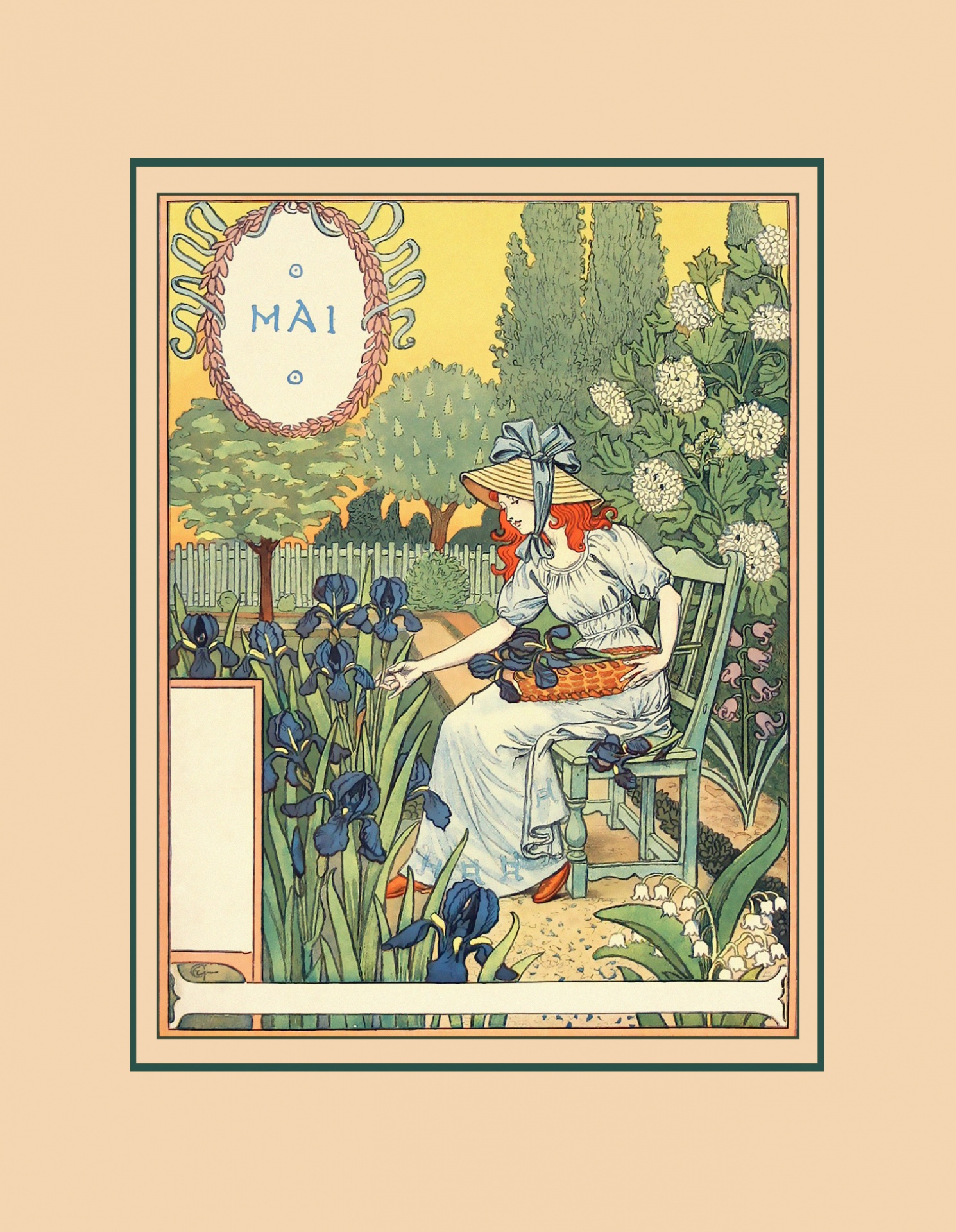 Antique garden calendar print for May 1896 with woman gardener and blank scroll for your copy