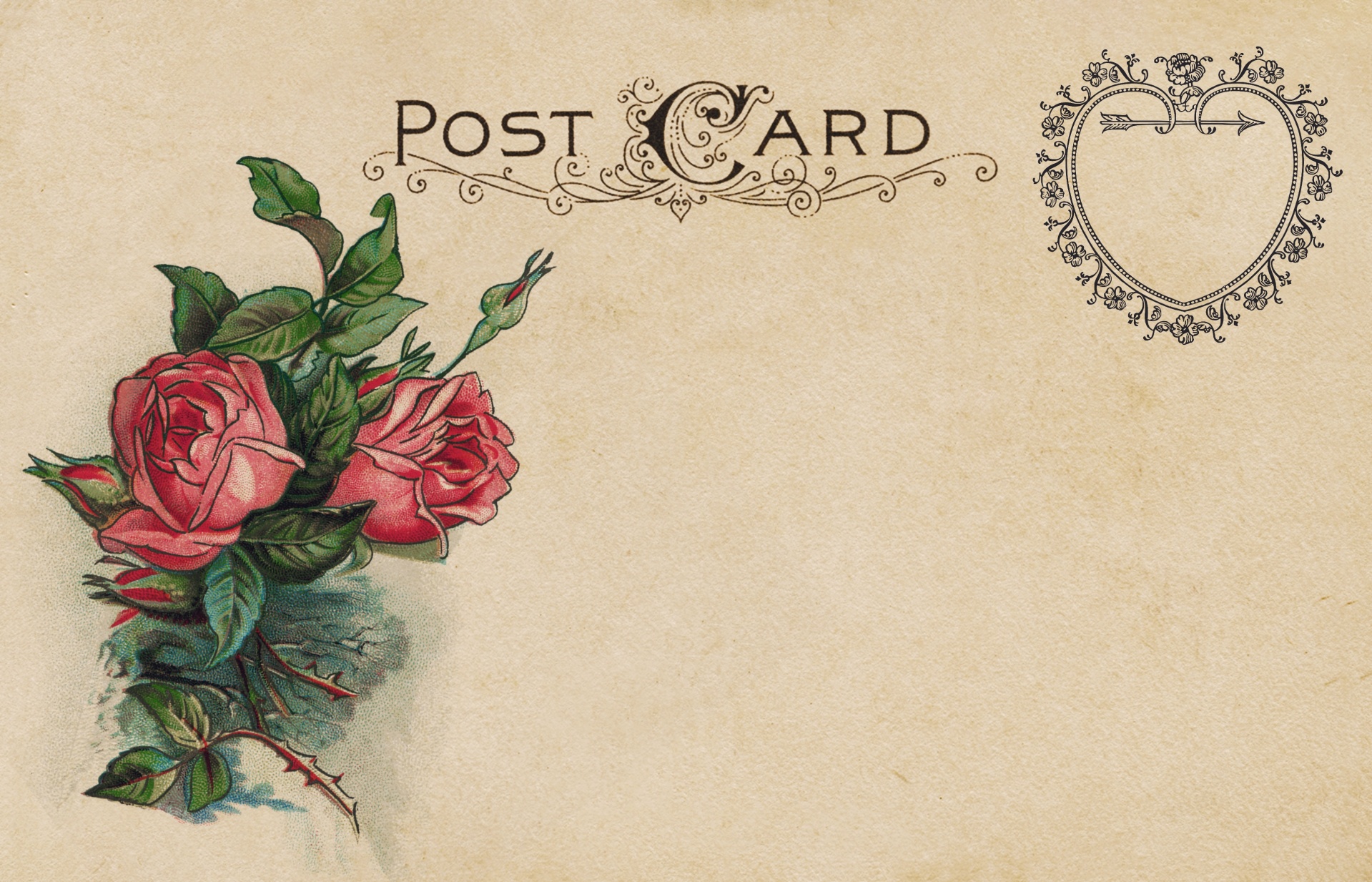Vintage postcard with roses and heart as a postmark