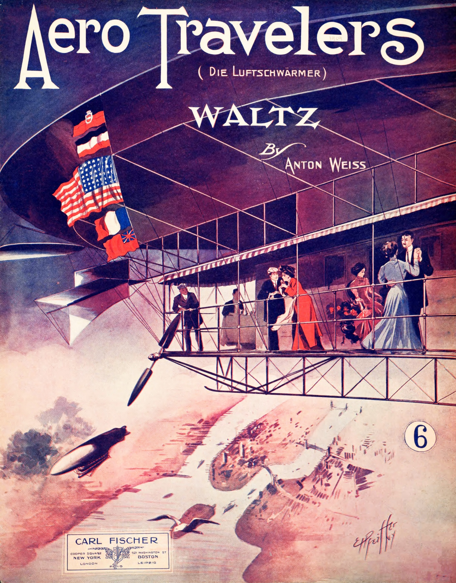 1909 Aero Travelers Waltz cover shows passengers sightseeing and dancing in the gondola of an airship over Manhattan. Several flags fly from the airship including the U.S. flag.