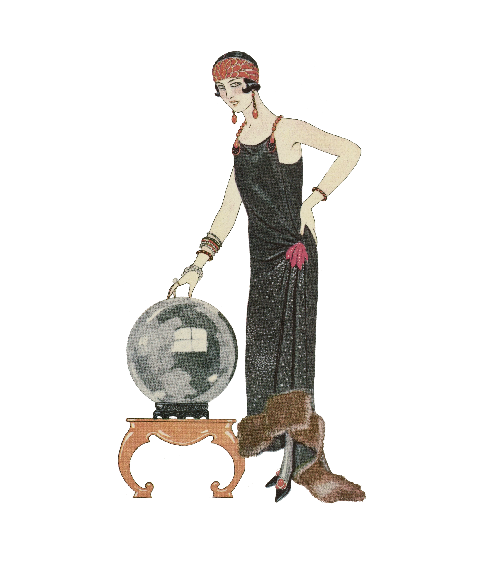 Vintage fashion flapper woman with crystal ball 1920s paris couture clipart on transparent png background