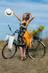 Bike, Woman, Nature, Dress, Bouquet
