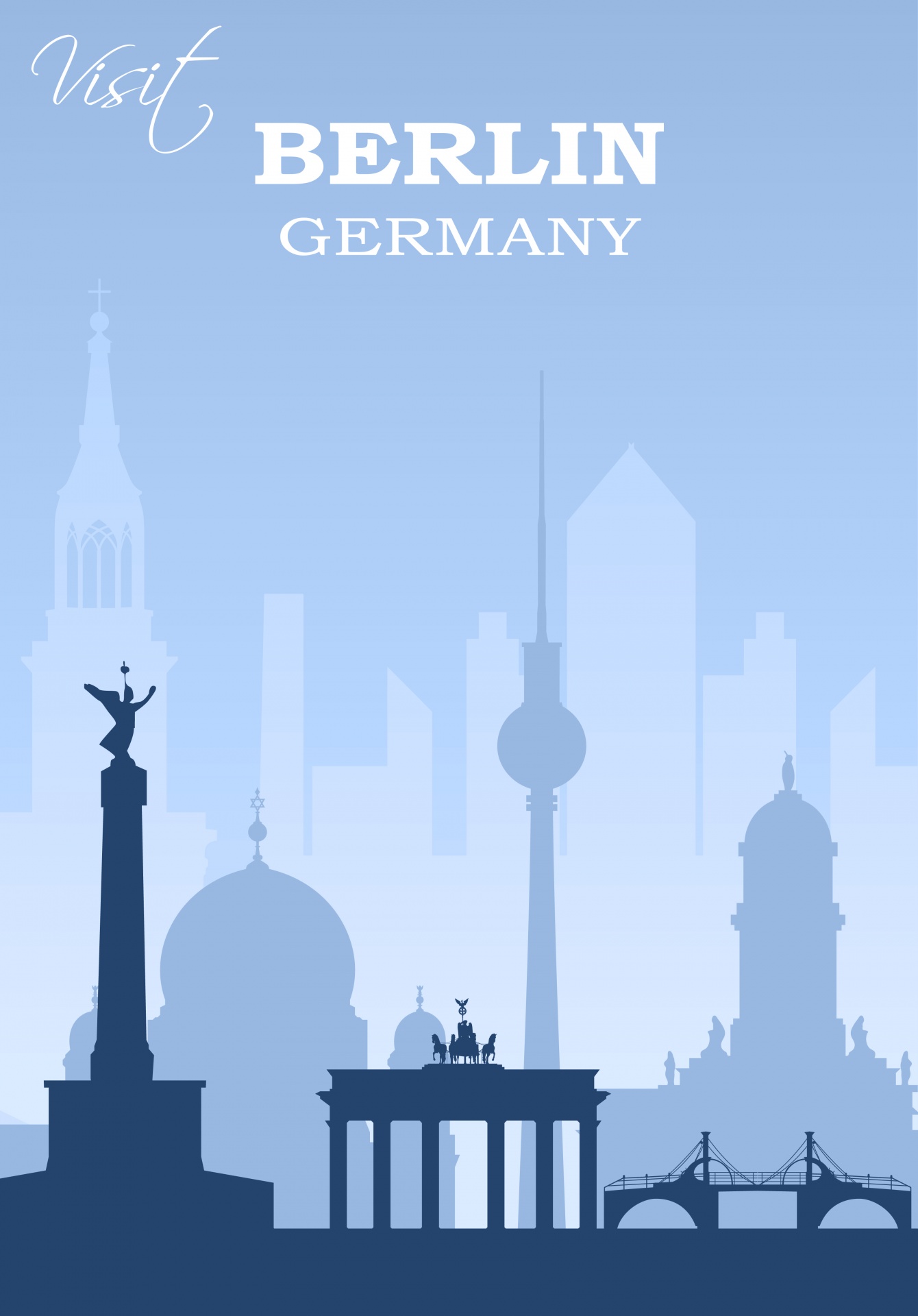 Modern travel Poster for Berlin, Germany in blue tones with city skyline and landmarks backdrop