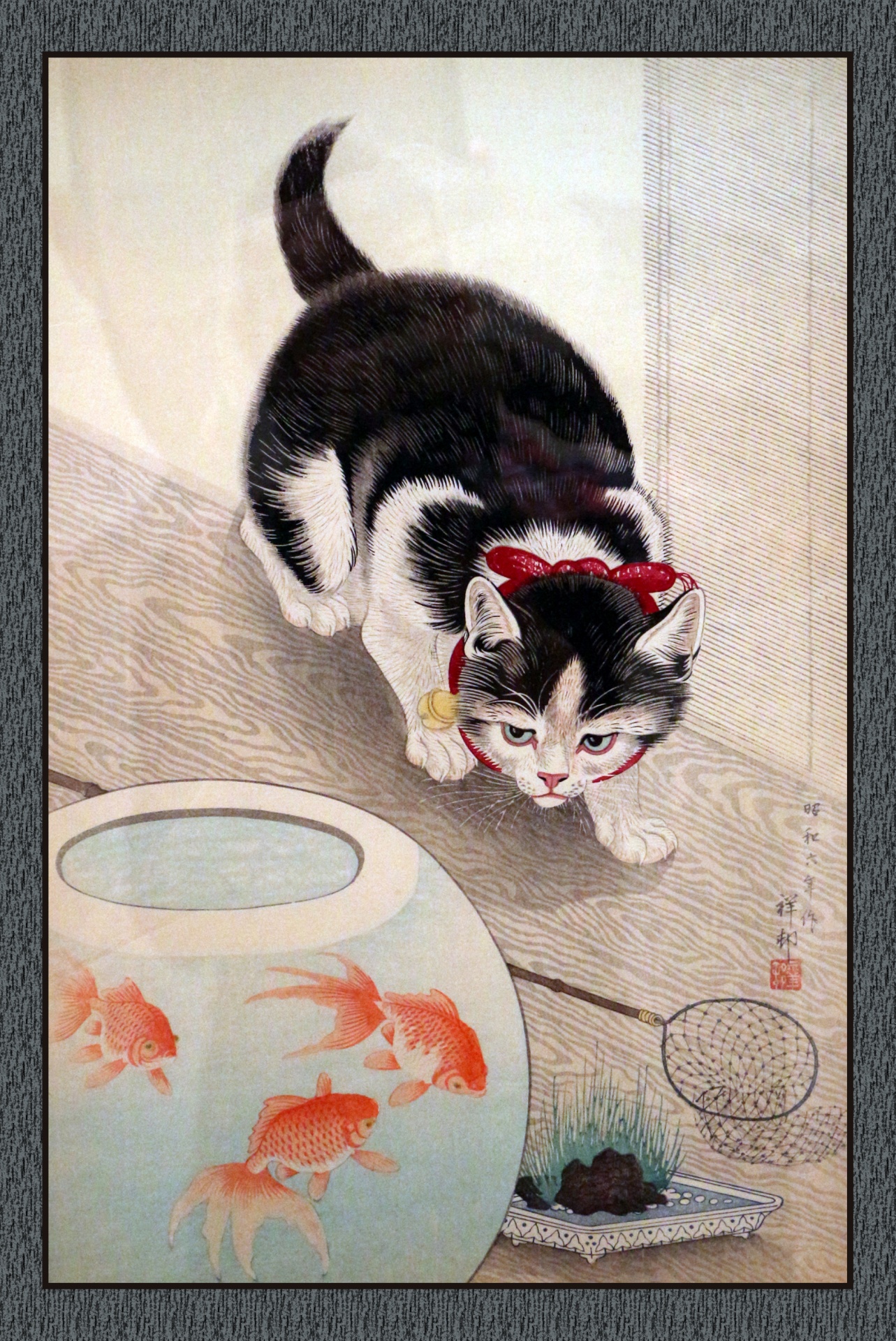 Cat Goldfish Vintage Art