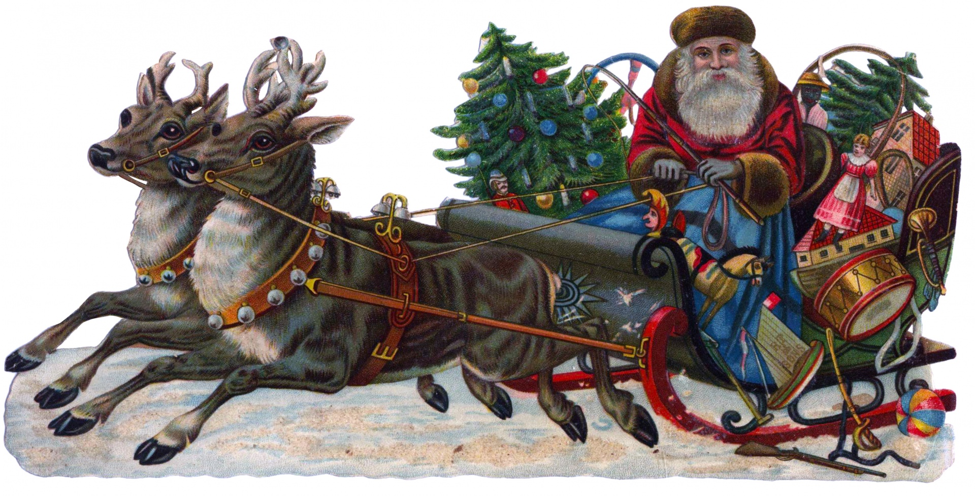 Vintage christmas santa claus clipart in sleigh with gifts pulled by two reindeer on white background