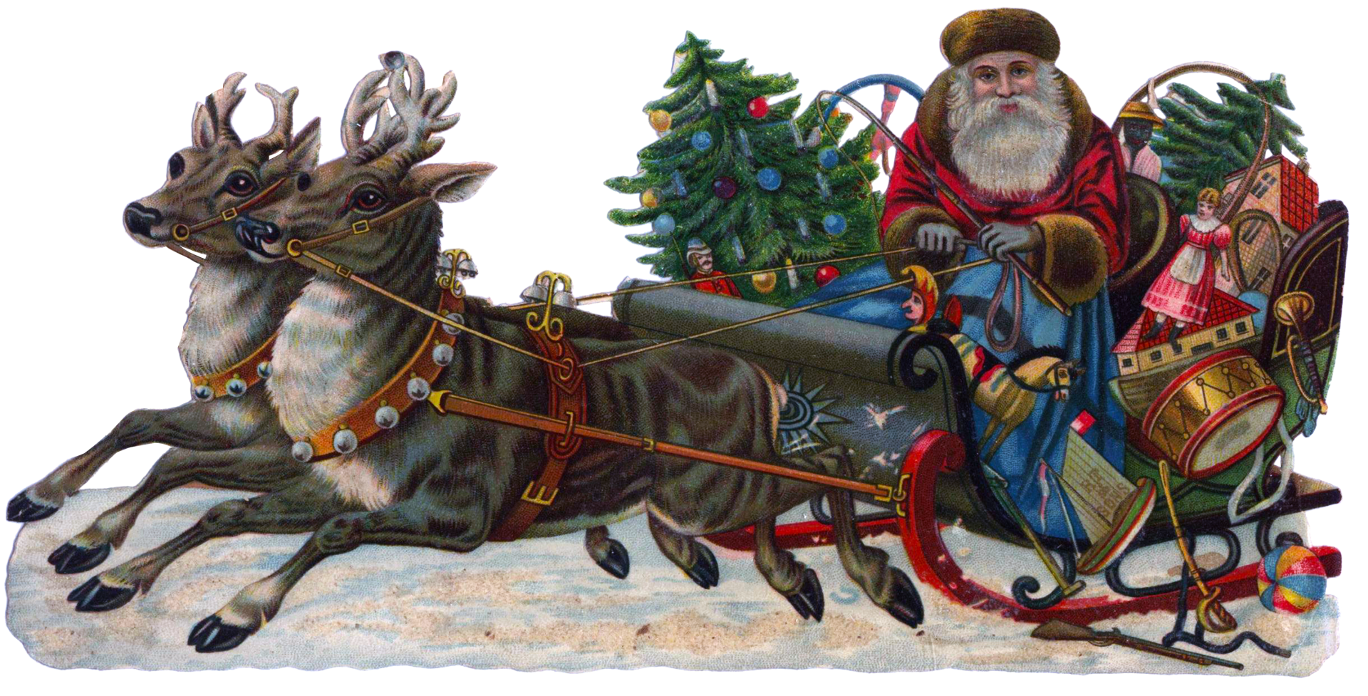 Vintage christmas santa claus clipart in sleigh with gifts pulled by two reindeer on transparent png background