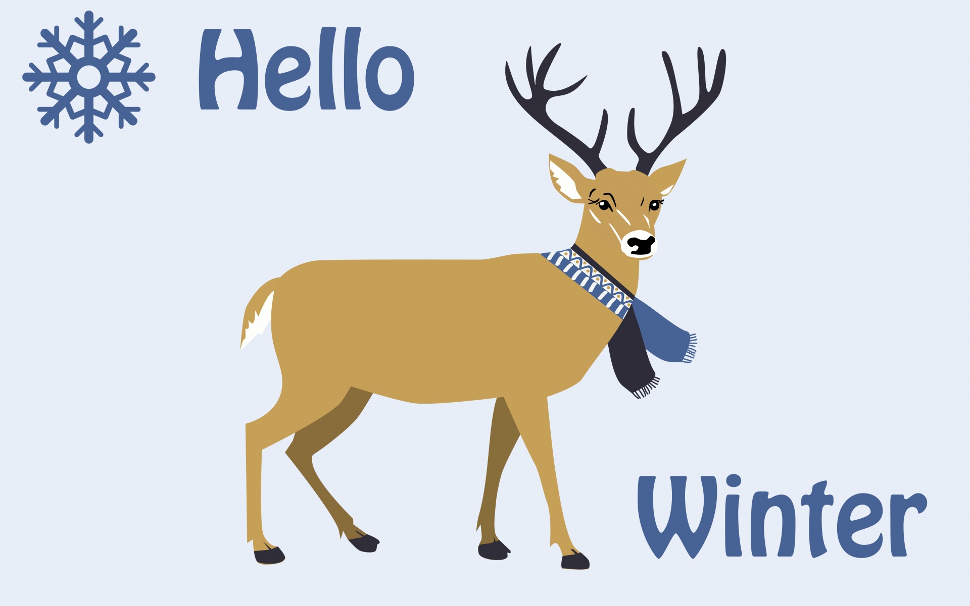 Vector illustration of a lovely deer stag wearing scarf in winter, with typography hello winter