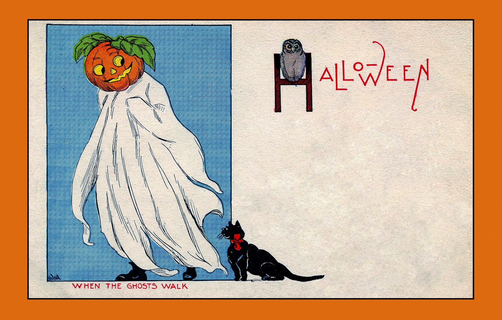 Vintage Halloween card or invitation template with cartoon ghost pumpkin, owl and black cat