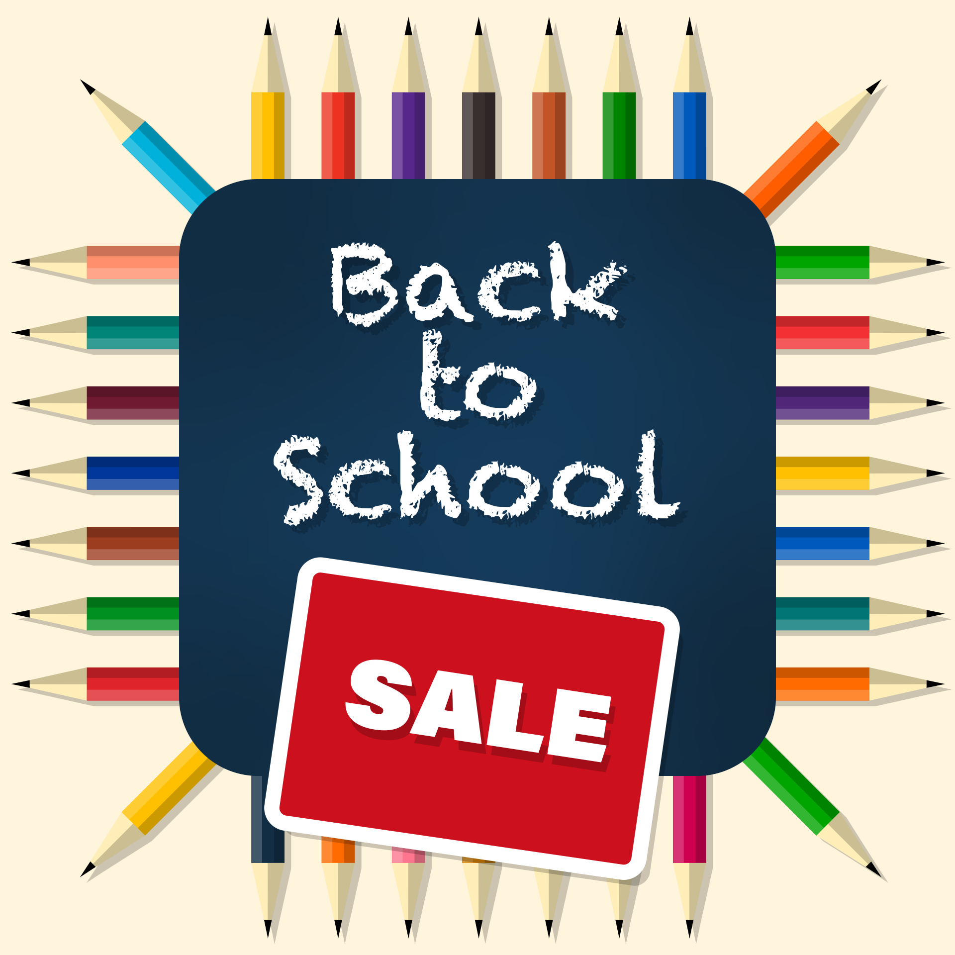 Back to school sale illustration with colored pencils and a blackboard