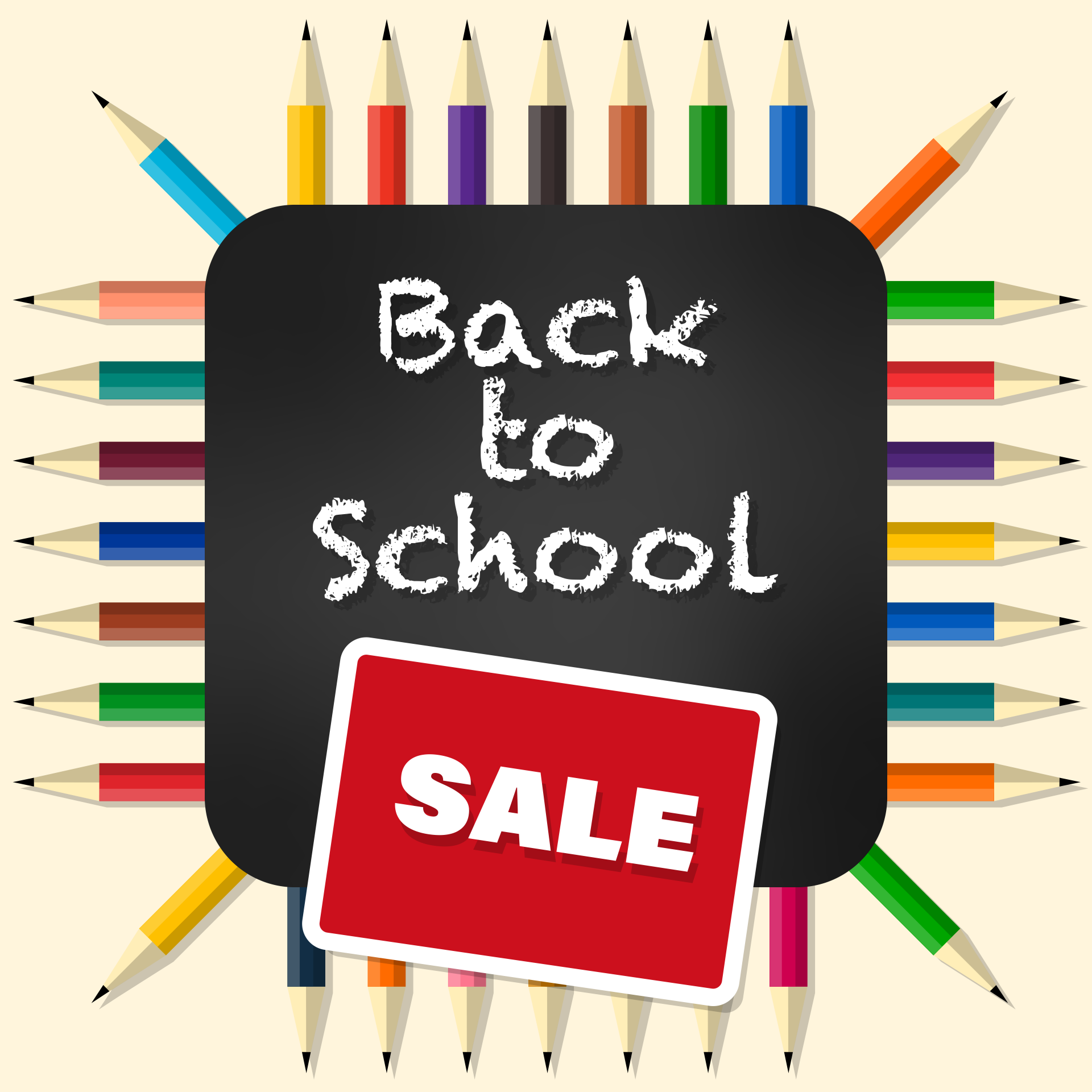 Back to school sale illustration with colored pencils and a blackboard