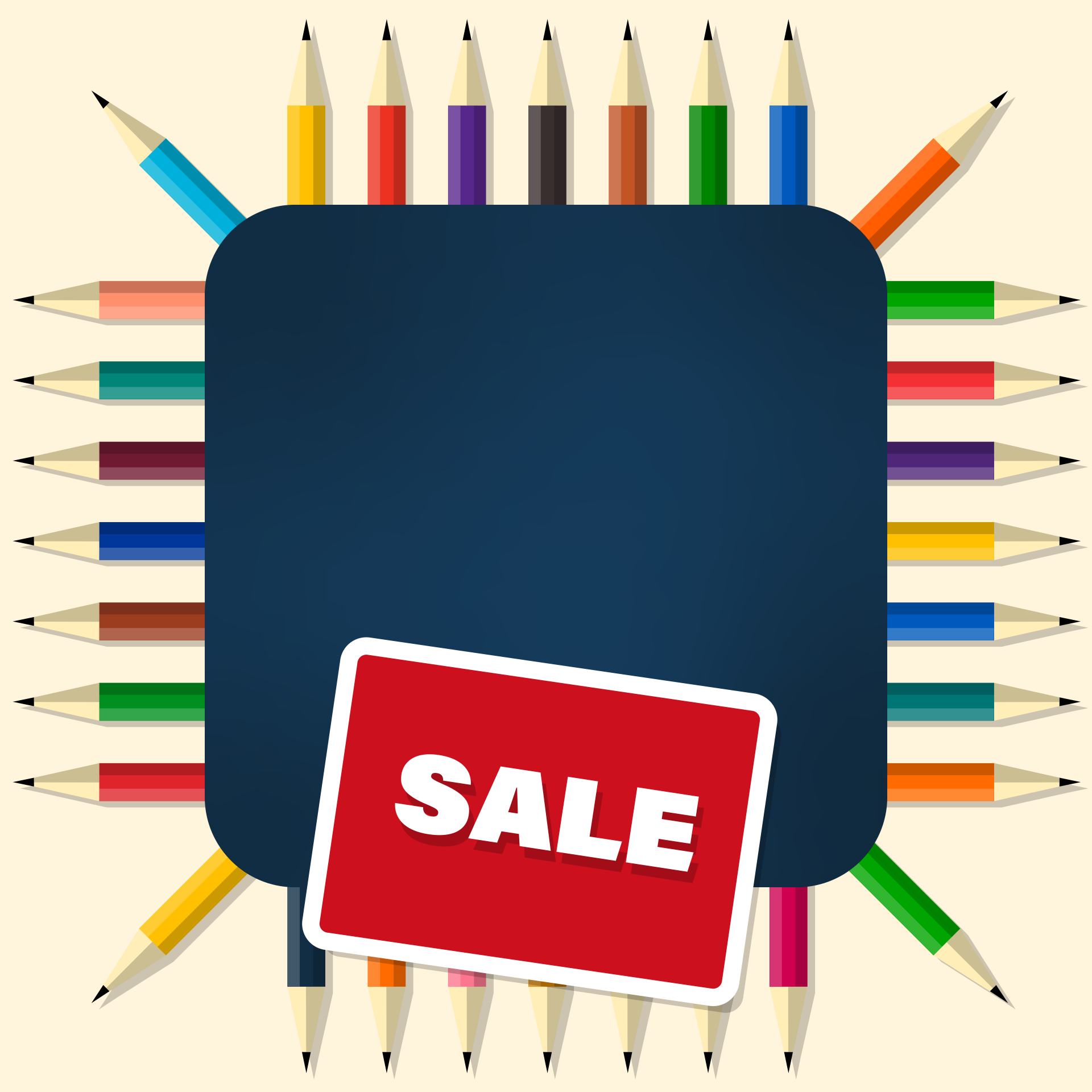 A blank blackboard with colored pencils and a sale label illustration