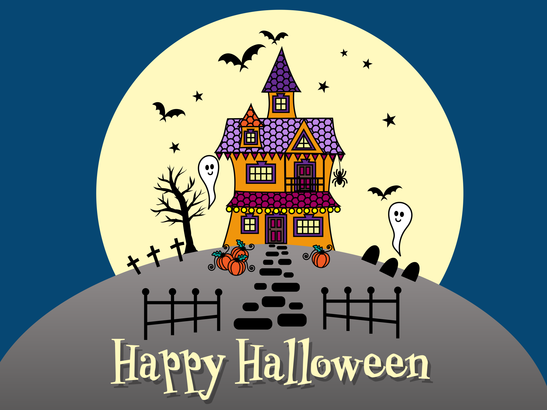 Halloween haunted house with ghosts, bats and gravestones illustration