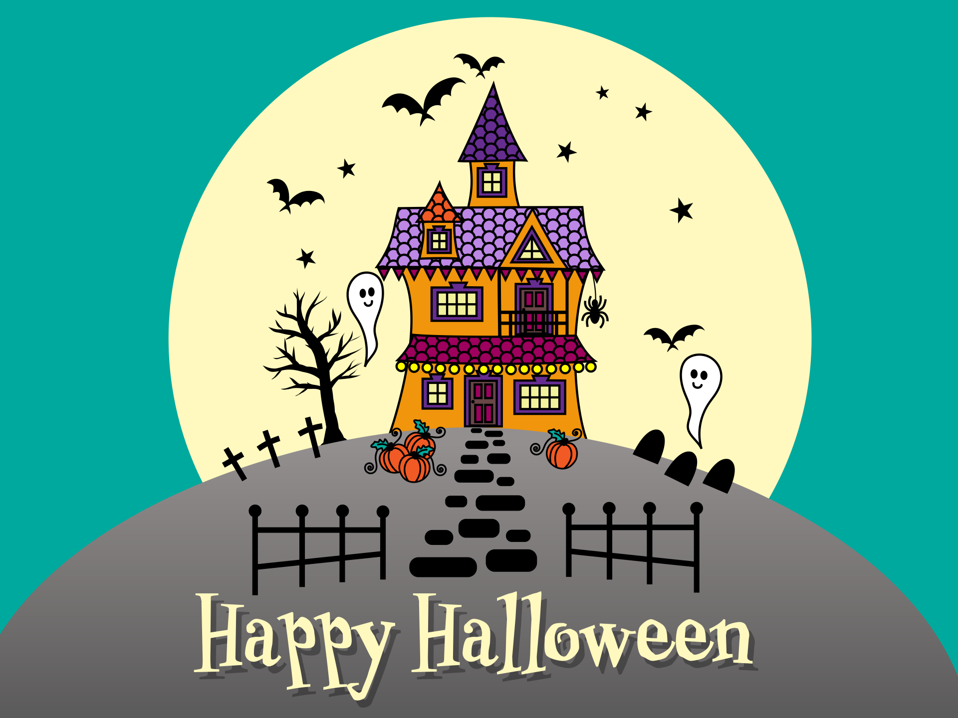 Halloween haunted house with ghosts, bats and gravestones illustration
