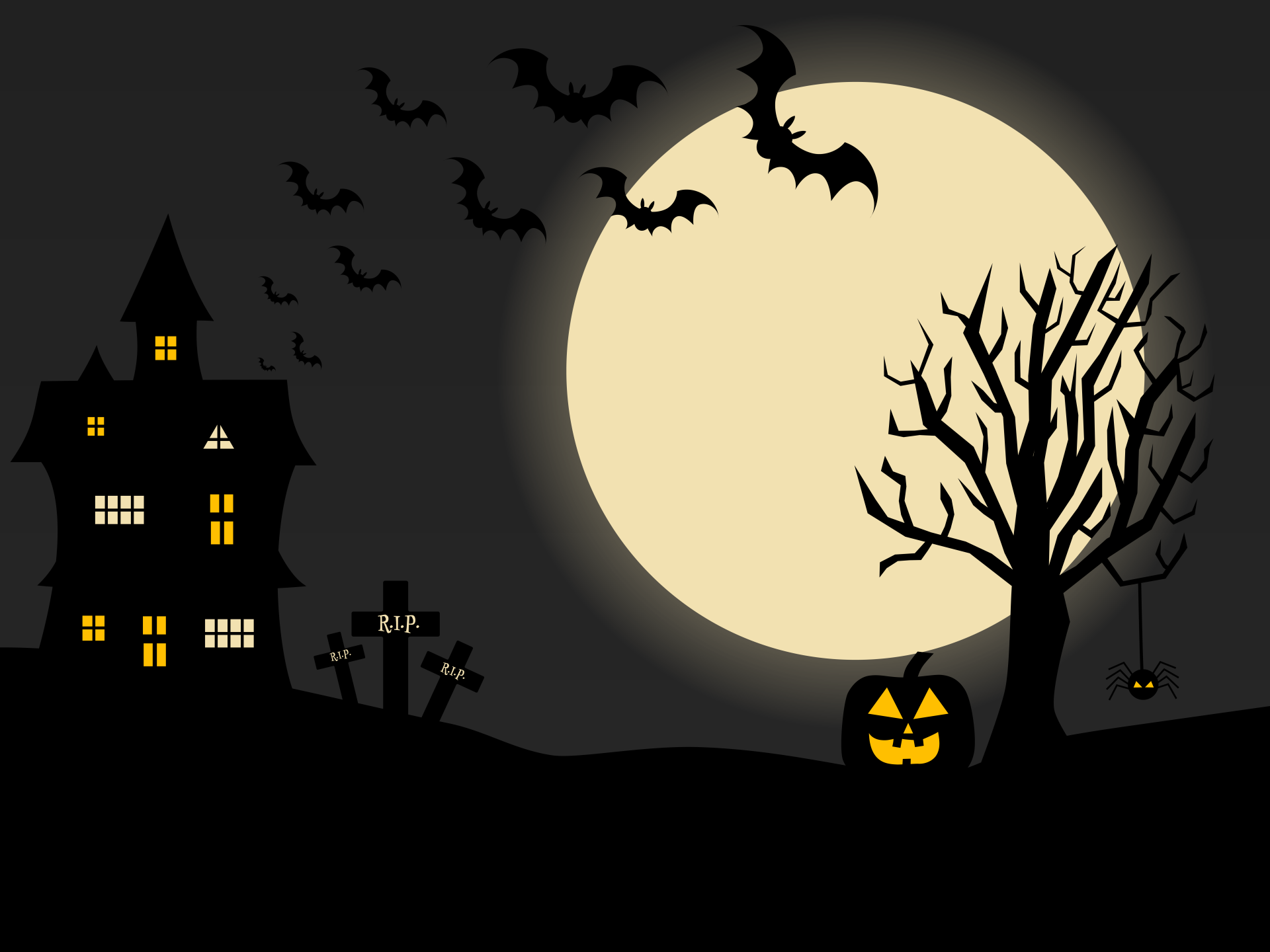 Halloween landscape illustration with a haunted house, bats, moon, tree, gravestones and a Jack o Lantern