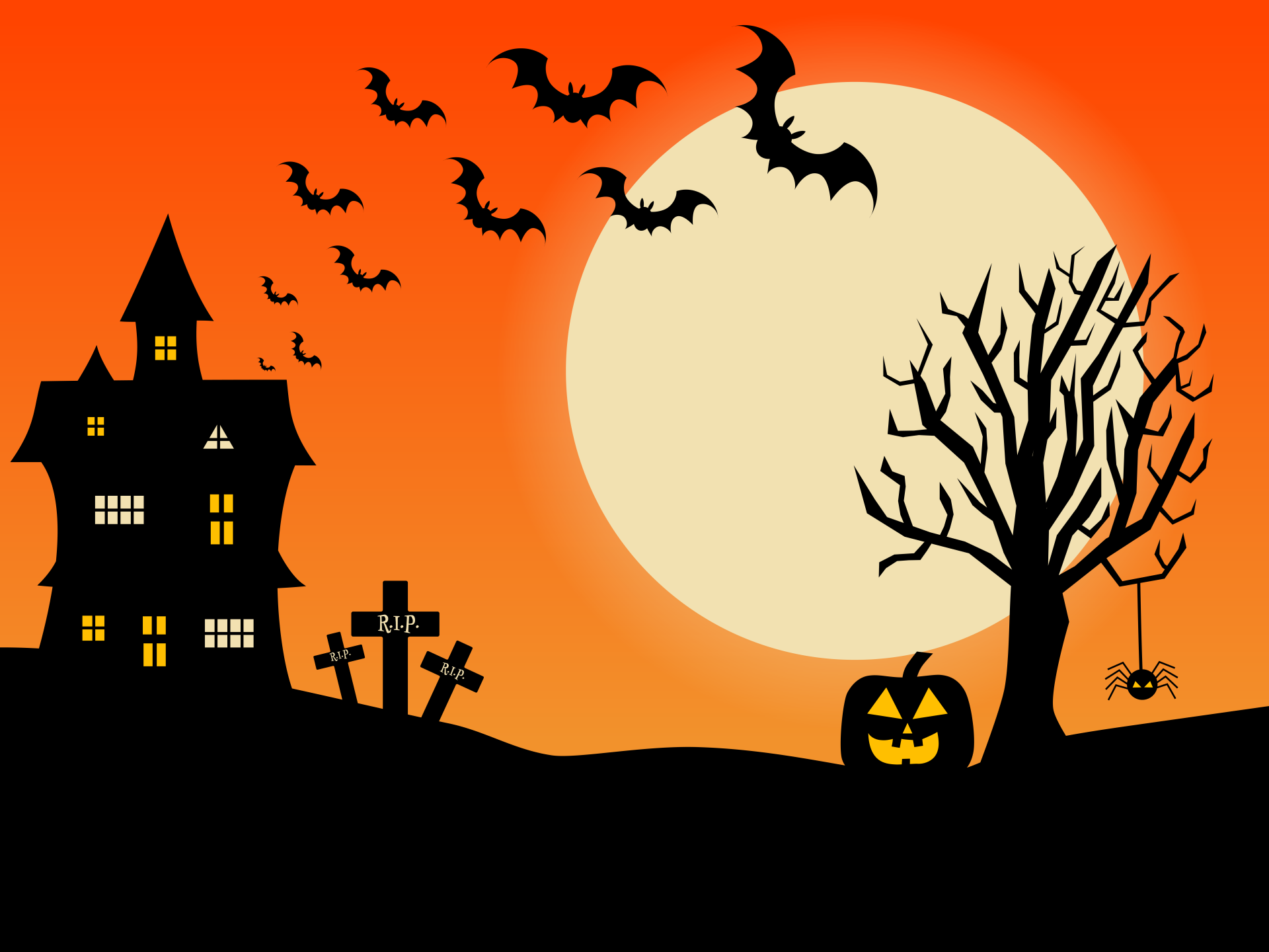 Halloween landscape illustration with a haunted house, bats, moon, tree, gravestones and a Jack o Lantern