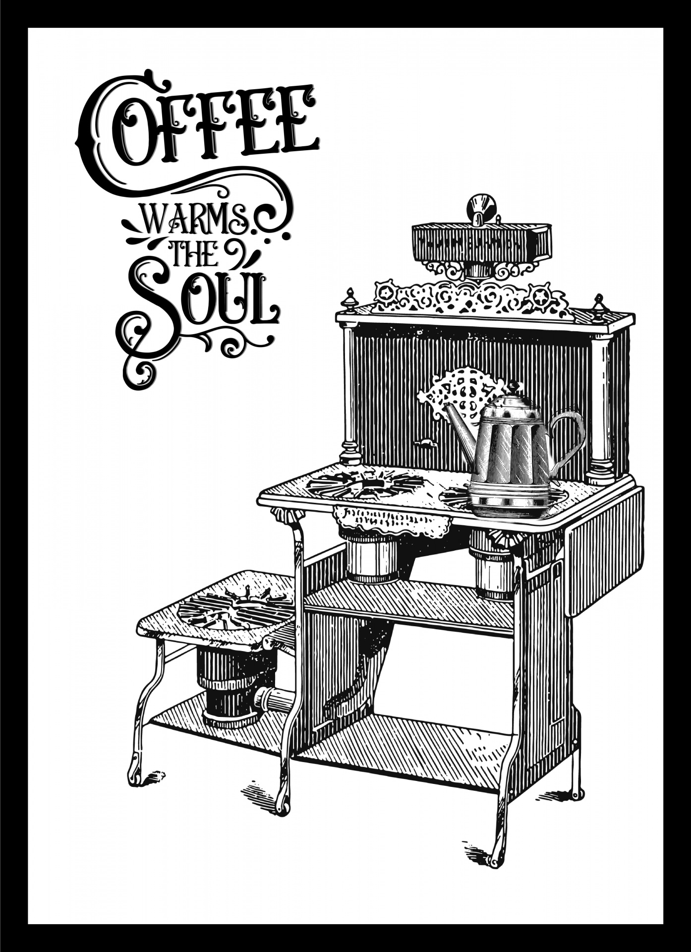 old fashion stove with a coffee pot and word art about coffee on white background
